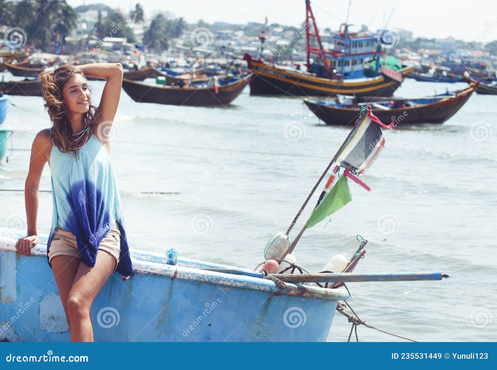 Cute Smiling Young Real Woman in Asian Country Sea Port, Vietnam ...