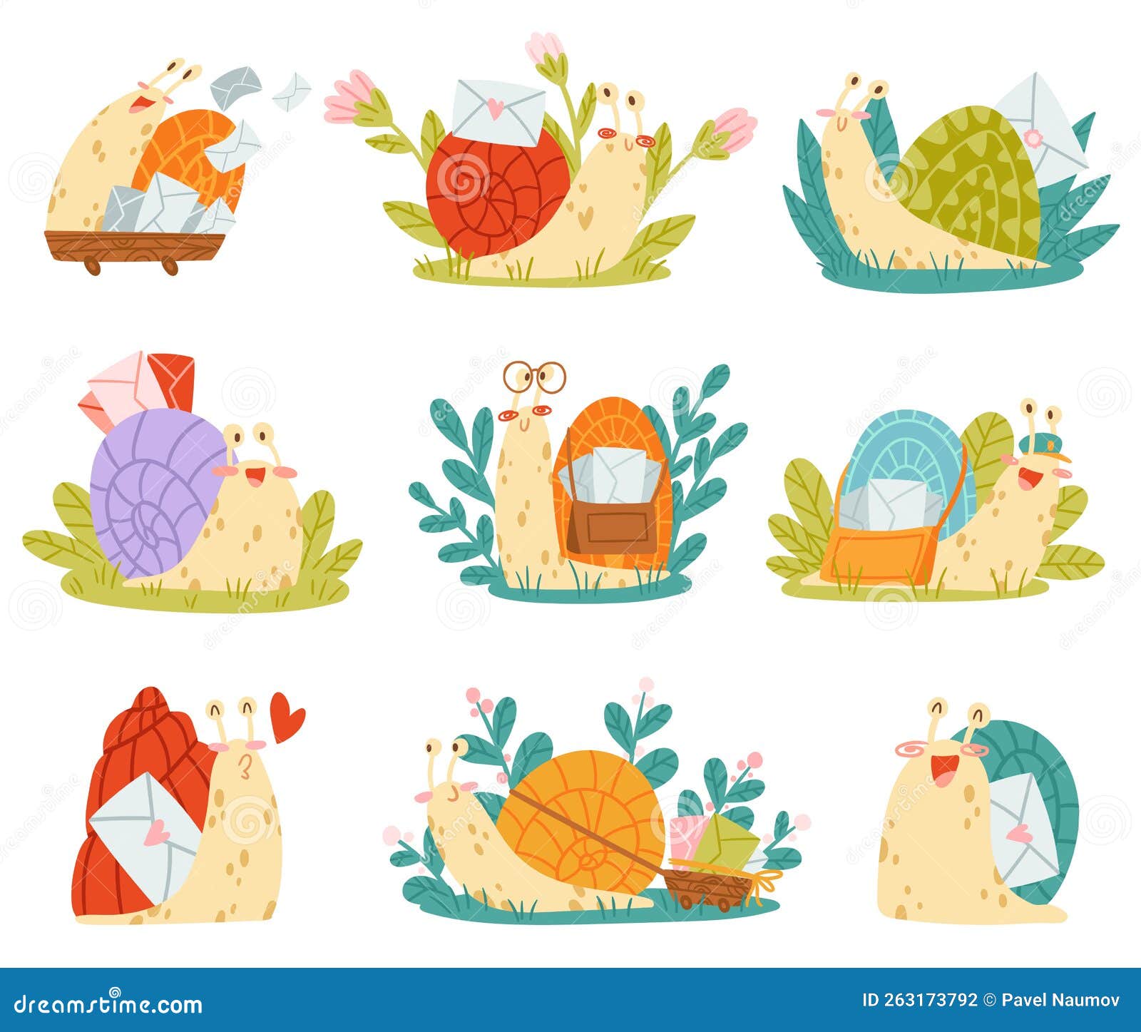 Cute Snail Character with Coiled Shell Carrying Envelope on Its Back