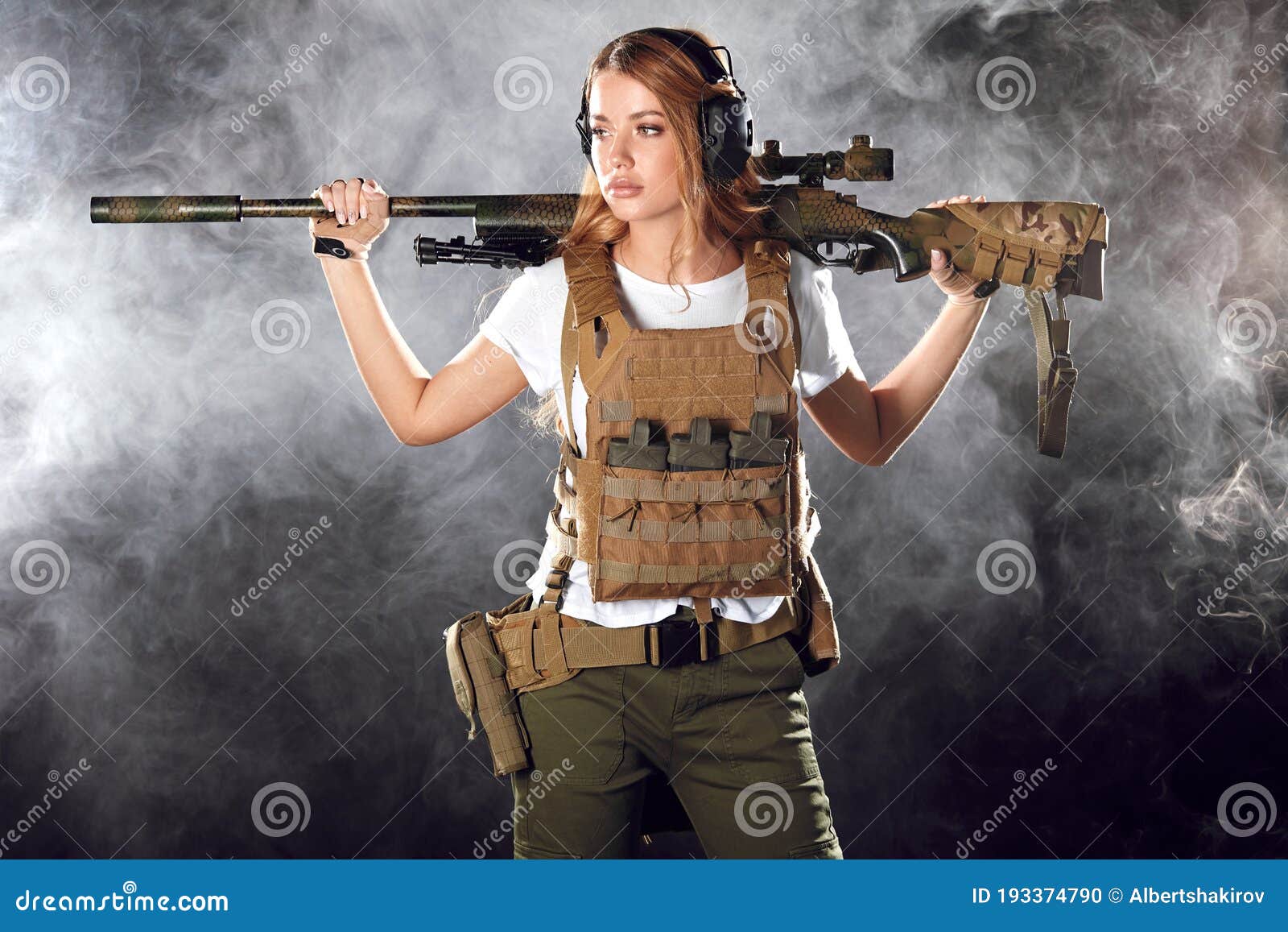 Cute Sniper Woman with Rifle in Hands Standing in Military Outfit in ...