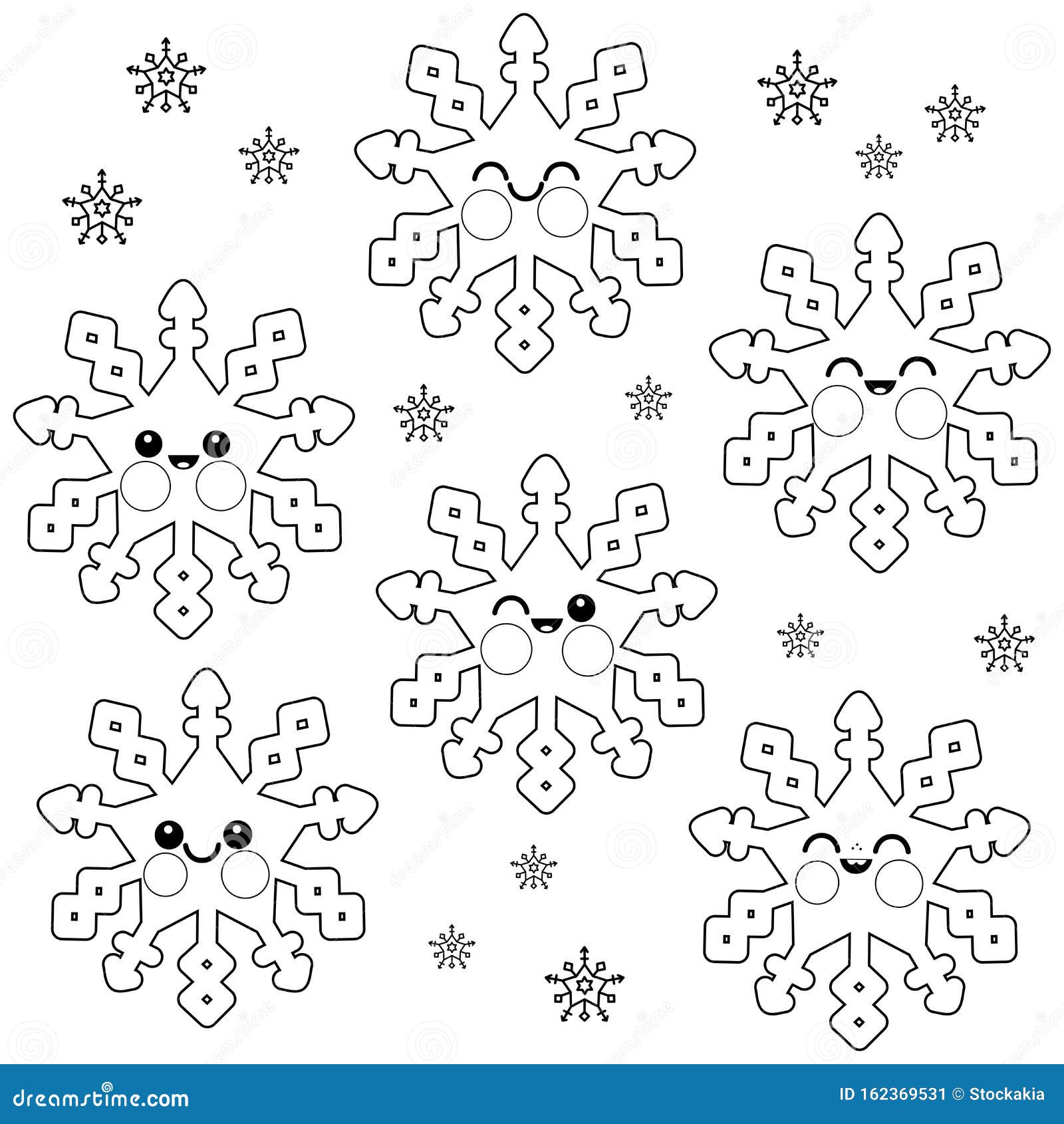 Cute Snowflake Characters. Vector Black and White Coloring Page Stock ...