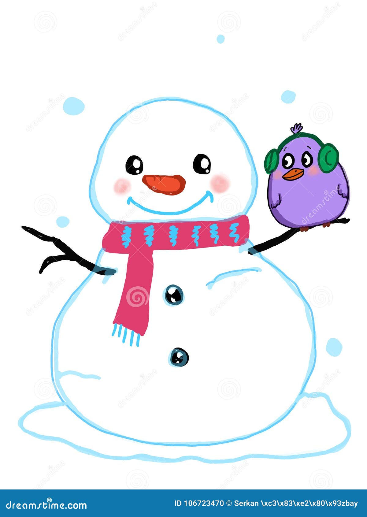 Cute Snowman And Bird Illustration Cartoon Drawing White Background Stock Vector Illustration Of Snow Cold