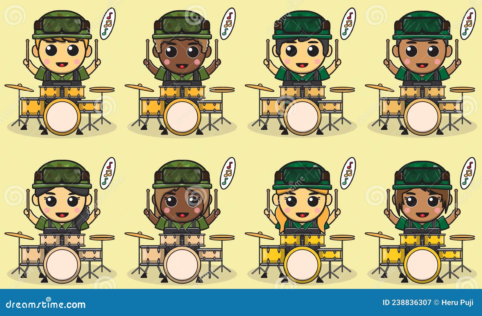 Soldiers Playing Musical Instruments Set, Members Of Army Military Band