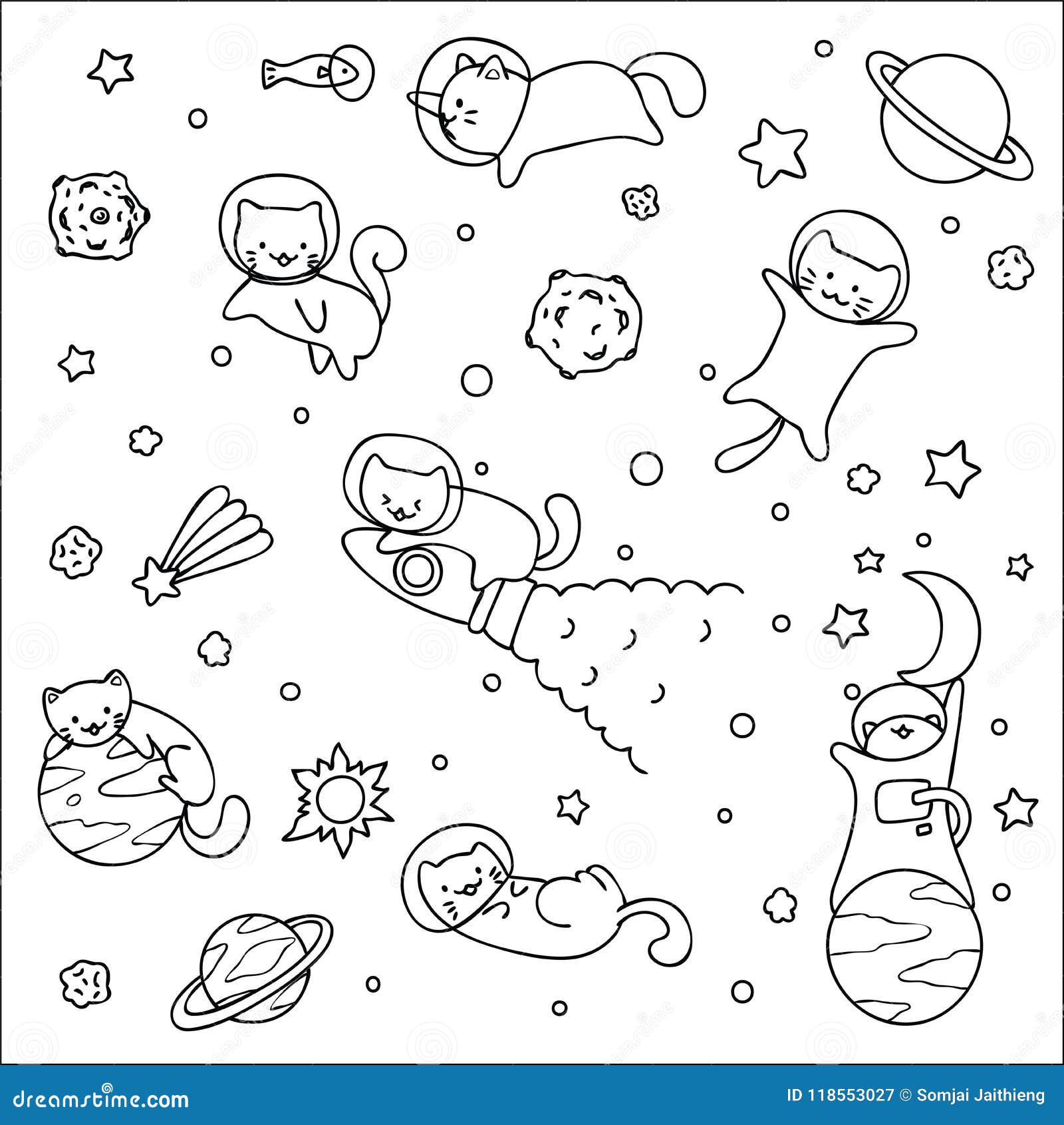 Cute Space  Cats  Playing With Stars And Rocket Design For 