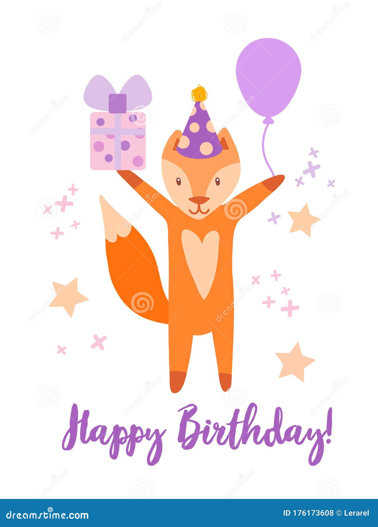 Cute Spring Happy Birthday Card with Funny Cartoon Fox with a Hat ...