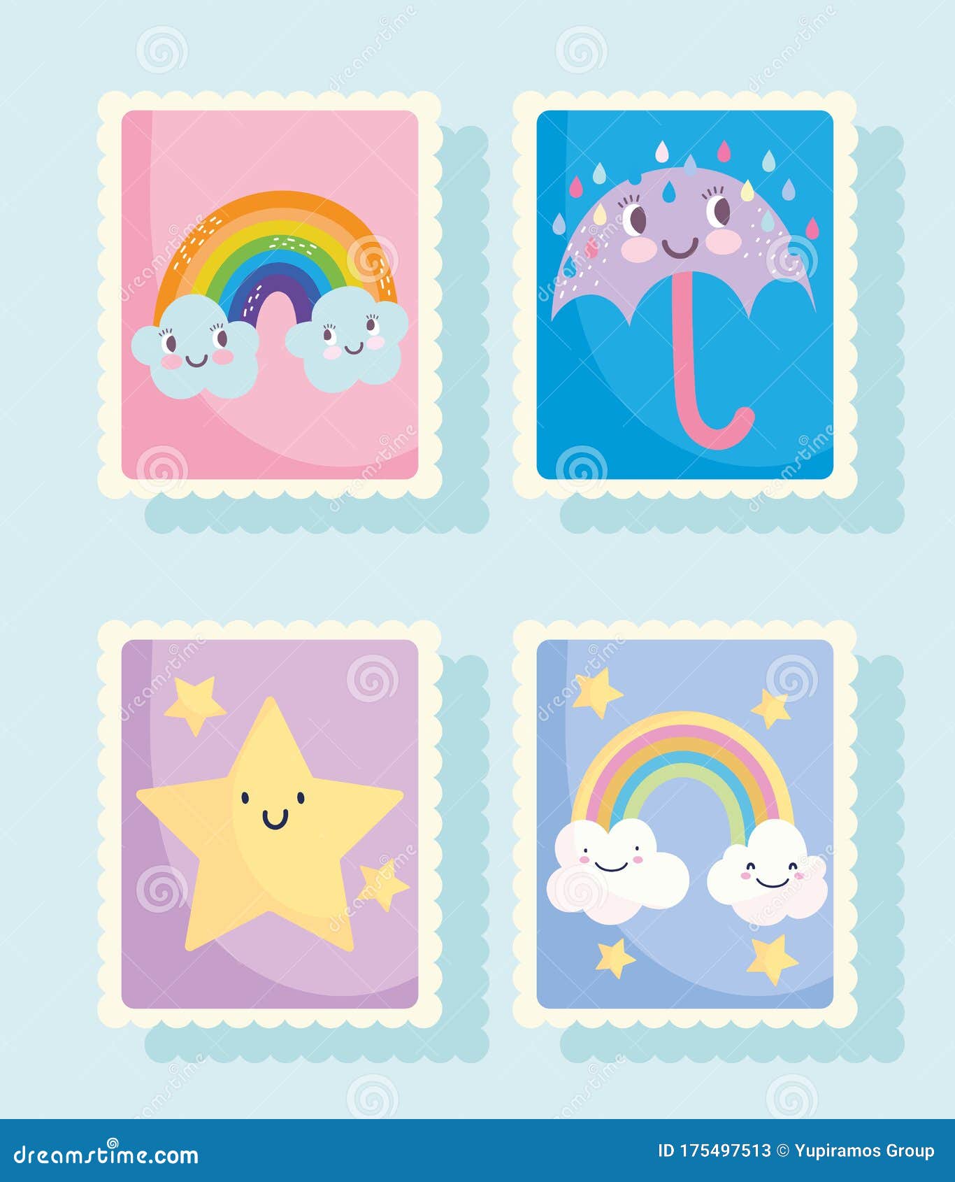 cute stamps, weather fantasy clouds sun moon rainbow rain umbrella cartoon, Stock vector