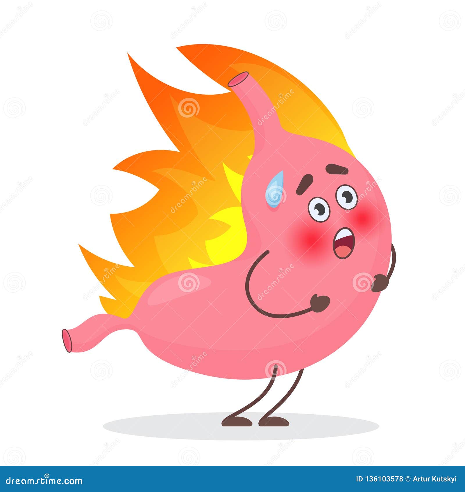 cute stomach emotions character in fire. gastritis and acid reflux, indigestion and stomach pain problems  concept