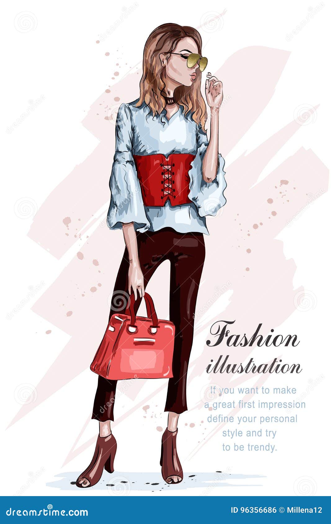 cute stylish girl in fashion clothes. fashion woman with bag. hand drawn brunette woman. sketch.