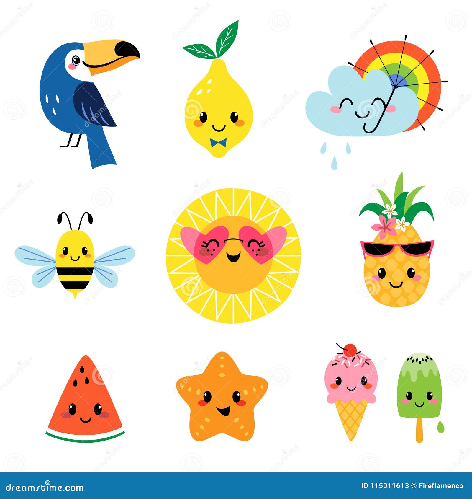 cute summer cartoon characters set