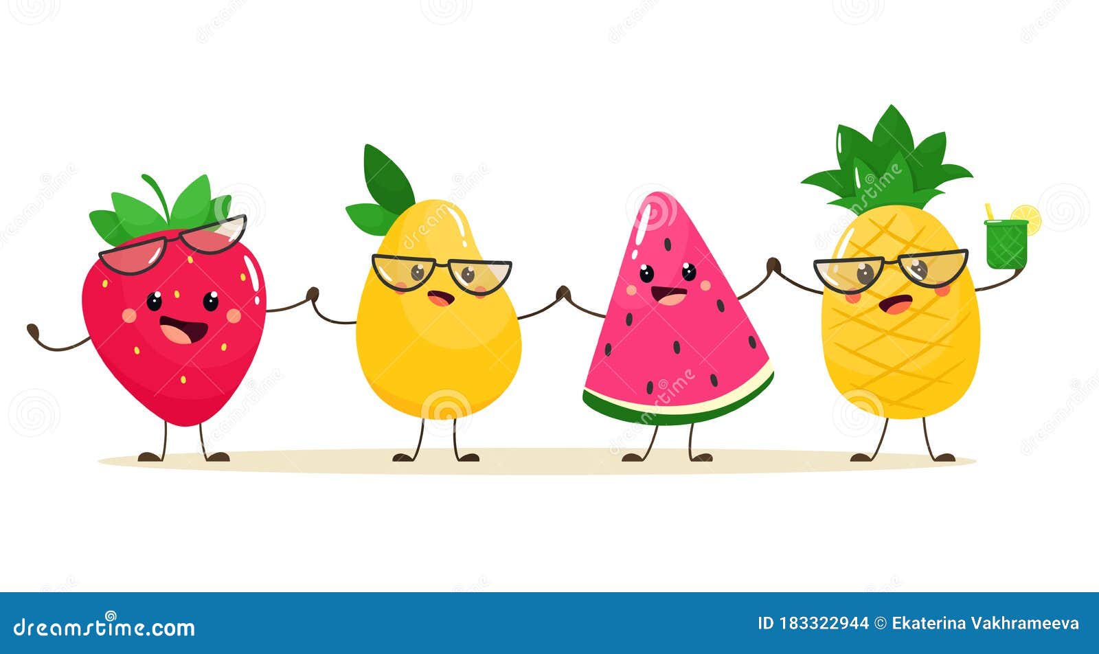 Cute Summer Fruits Mango, Pineapple, Watermelon and Strawberries. Vector  Illustration in Cartoon Flat Style. Stock Vector - Illustration of organic,  leaf: 183322944