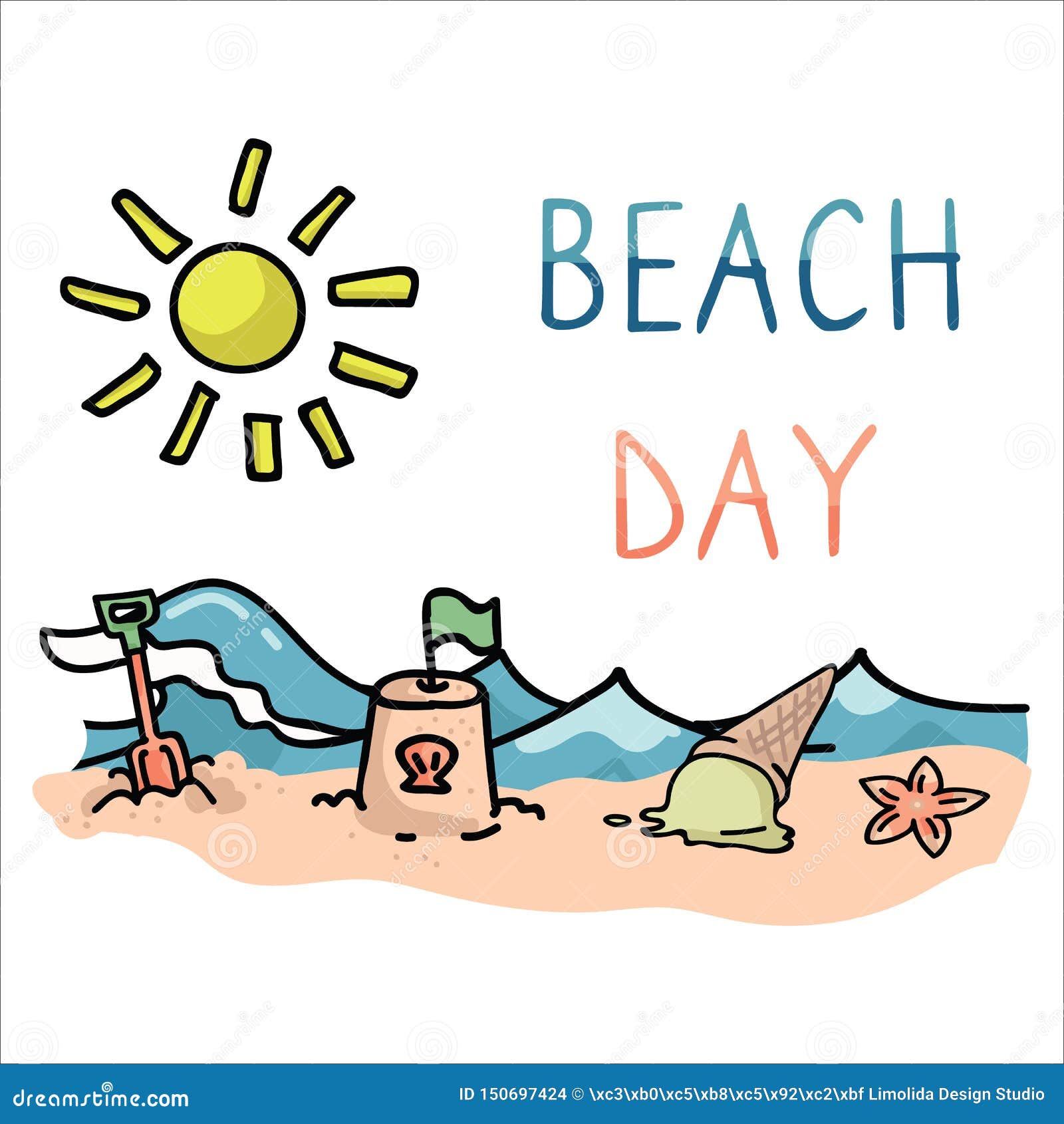 Cute Sunny Beach Day Cartoon Vector Illustration Motif Set ...