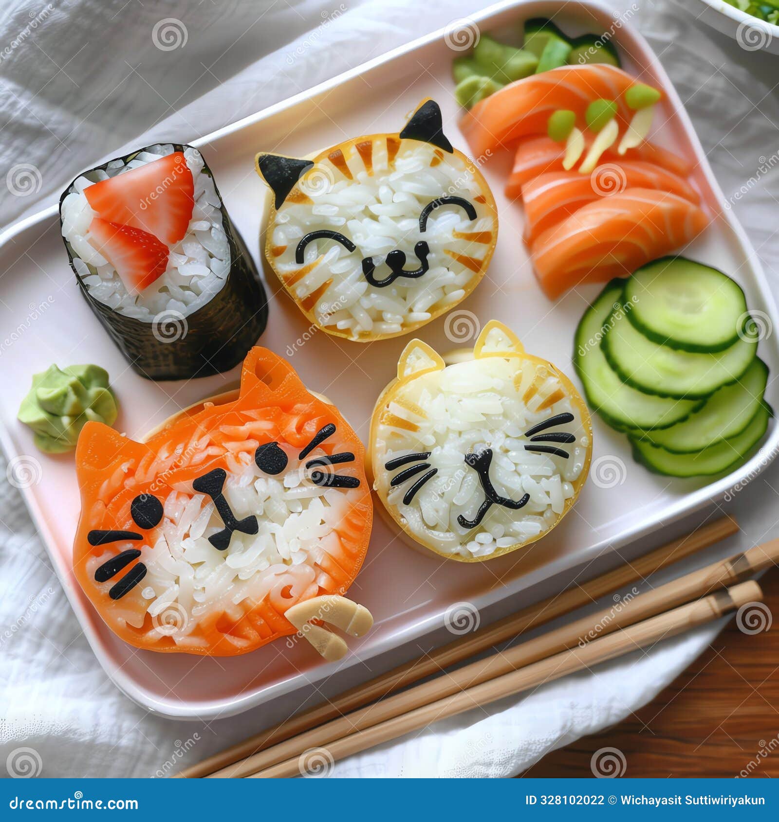cute sushi platter d like cat faces, with cucumber slices and chopsticks on the side. adorable and creative food art