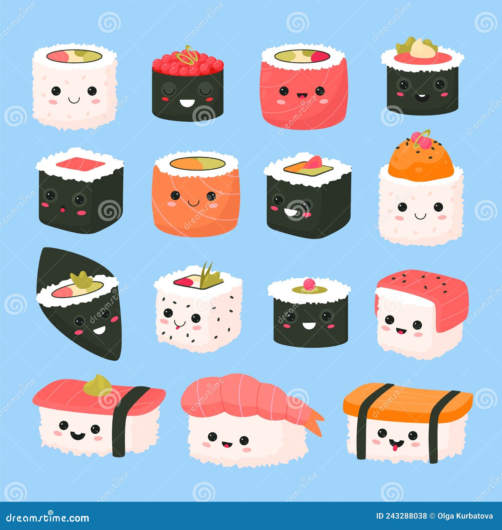 Cute Sushi Rolls. Kawaii Funny Japanese Food Characters, Asian Cuisine ...