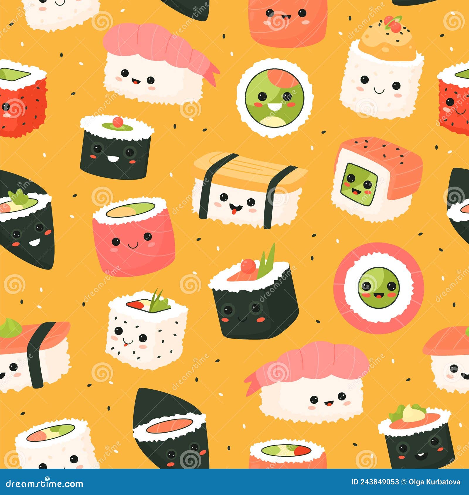 Cute Sushi Rolls Seamless Pattern. Cartoon Funny Foods Characters ...