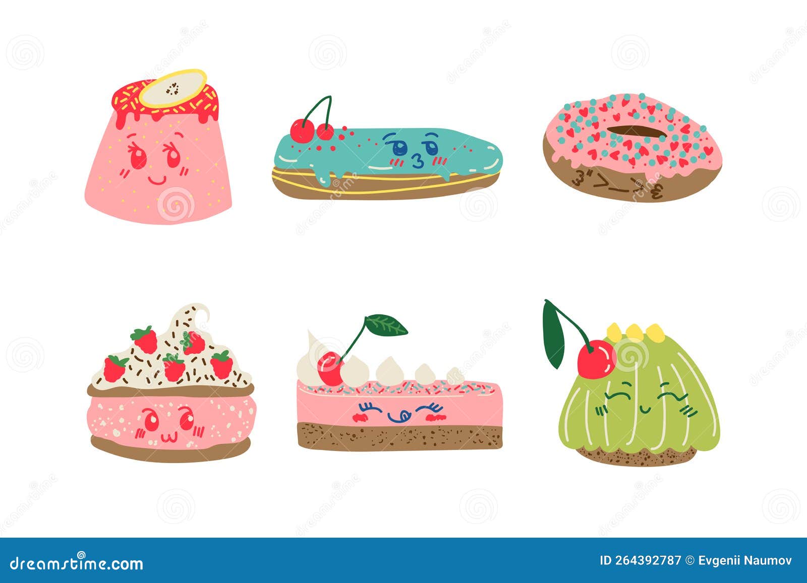 Set of Fun Stickers Desserts Kawaii Bakery Food Stock Vector