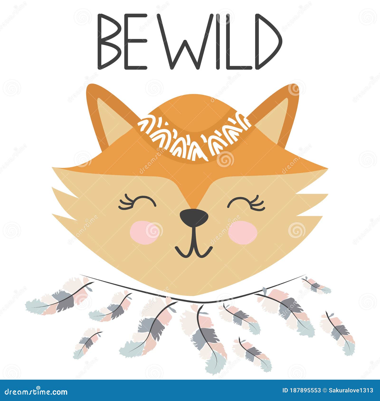 cute sweet little fox smiling face art. lettering quote be wild. kids nursery scandinavian hand drawn . graphic 