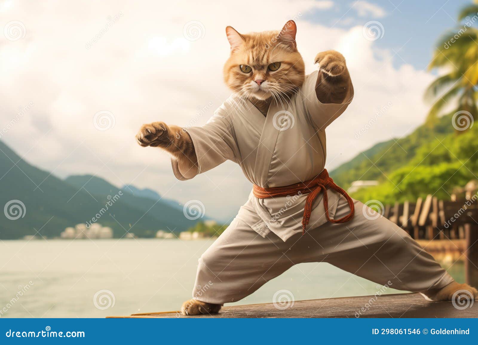 Cute Tabby Cat in Karate Uniform Striking a Pose Stock Illustration