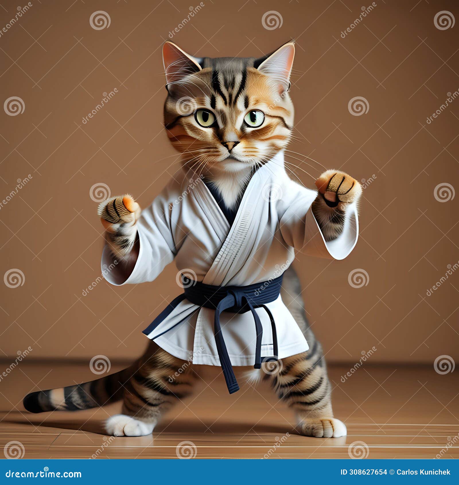 Cute Tabby Cat in Karate Uniform Striking a Pose Generated by Ai Stock Illustration