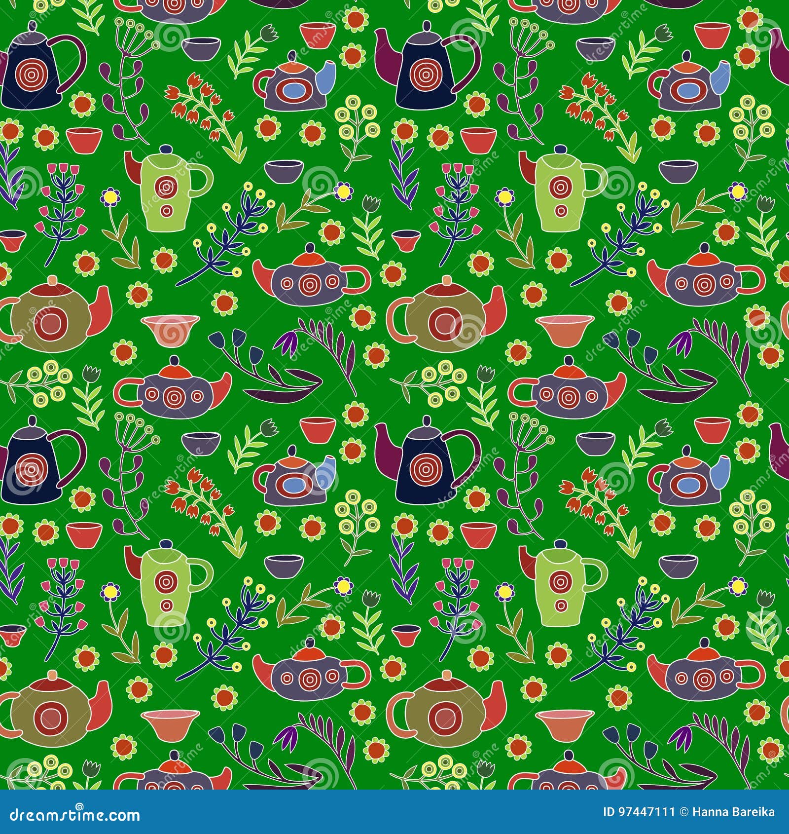 Cute Tea Set. Colorful Vector Seamless Pattern. Stock Vector