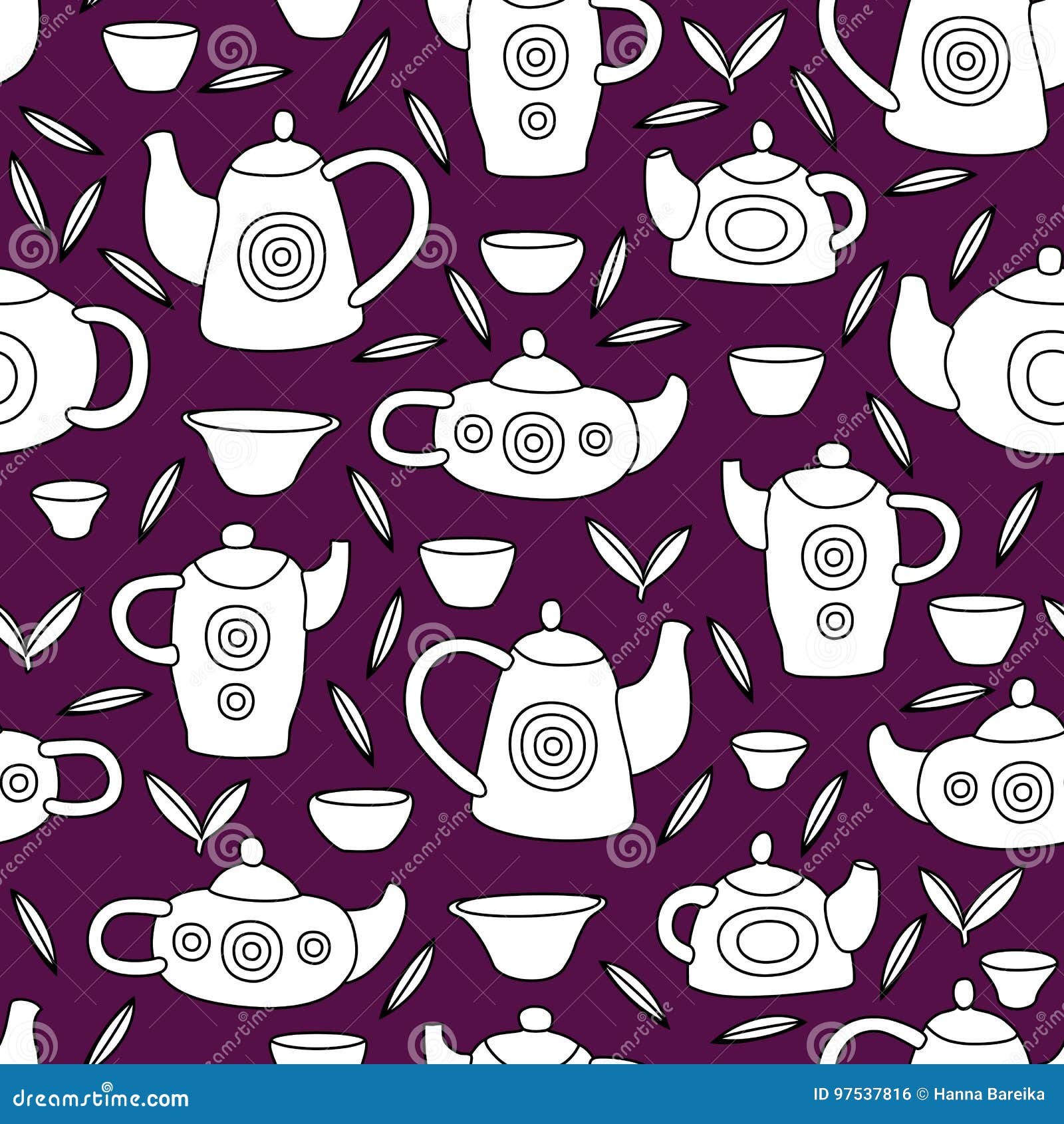 Cute Tea Set. Monochrome Vector Seamless Pattern. Stock Vector
