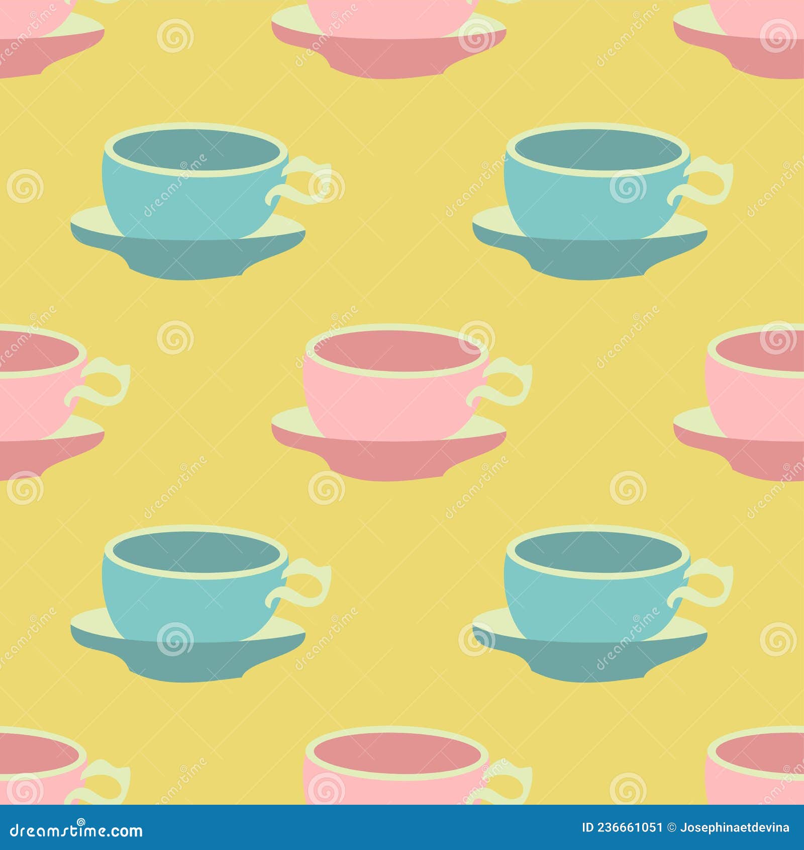 Cute Teacup Vector Repeat Pattern in Pink and Blue on a Yellow