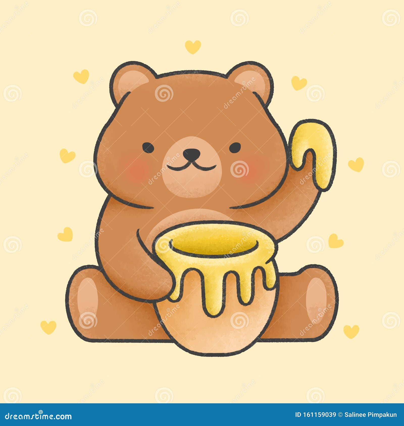 Cute Teddy Bear Holding Honey Jar Cartoon Hand Drawn Style