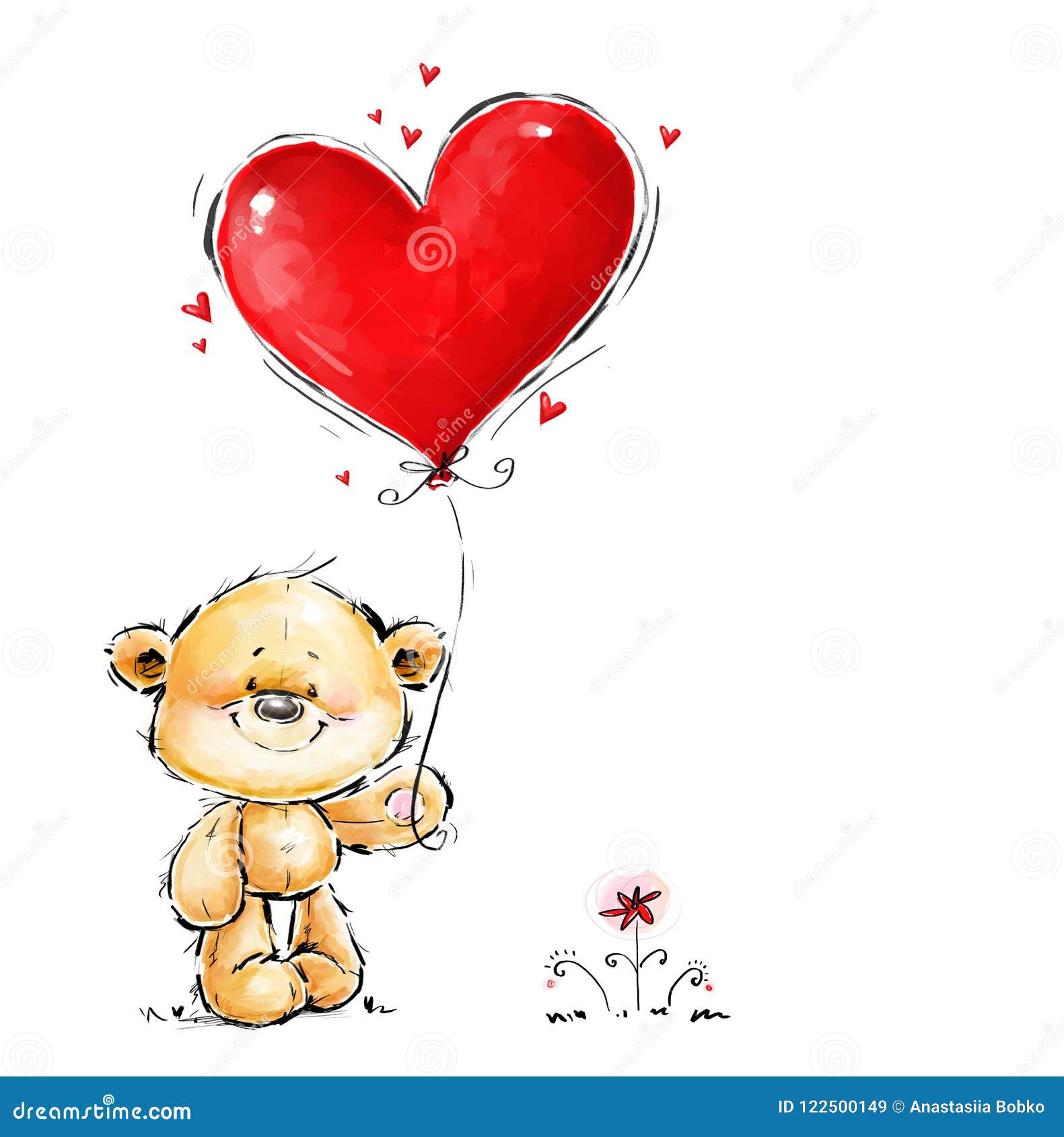 cute teddy bear in love with big red heart balloon. love bear