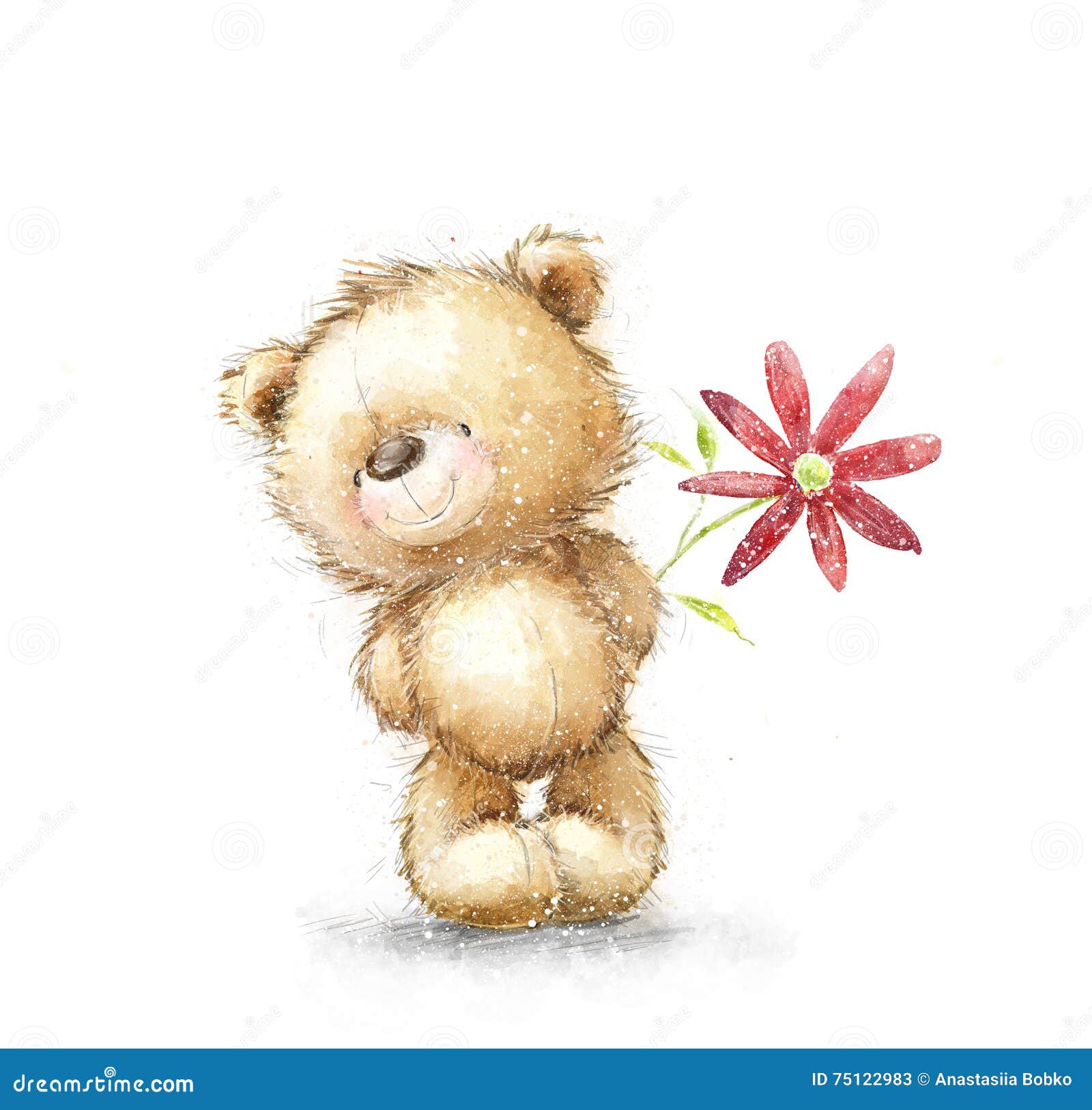 cute teddy bear with the red flower. i love you. birthday greeting card.