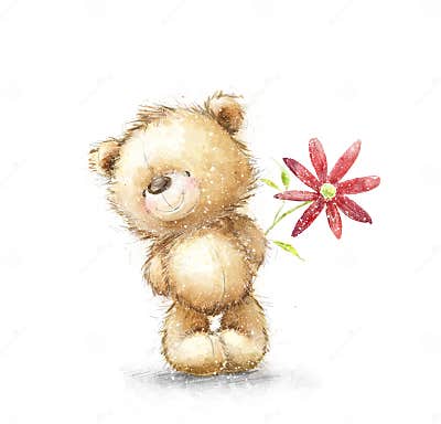 Cute Teddy Bear with the Red Flower. I Love You. Birthday Greeting Card ...