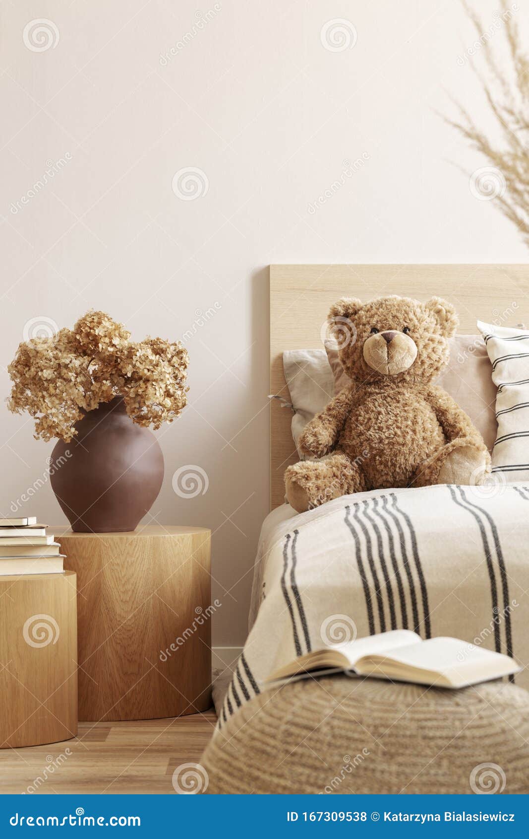 Teddy Bear on Single Bed in Natural Kid`s Room Stock Photo Image of child, beige 167309538