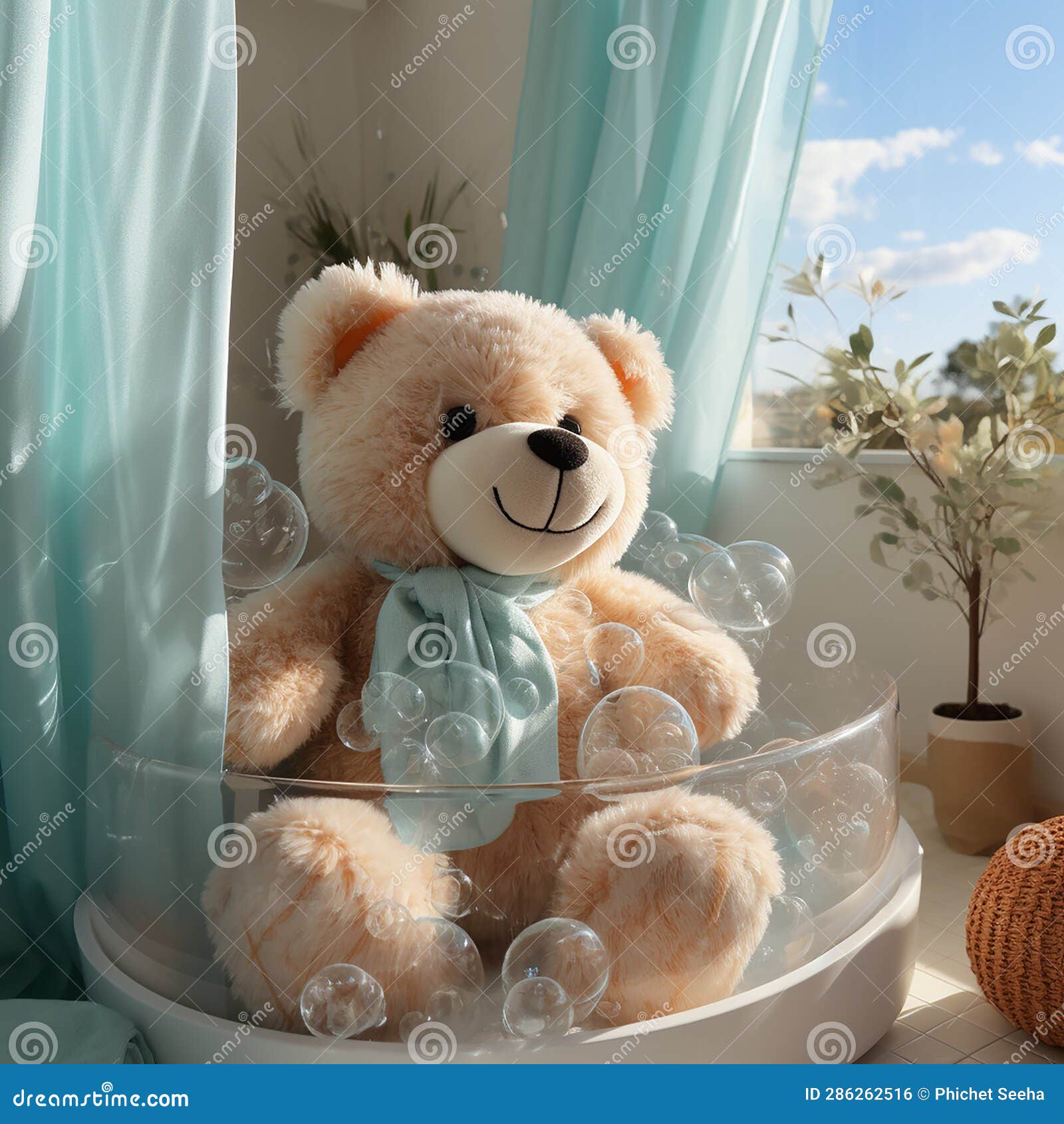 AI Generative Cute Teddy Bear Sitting in Bathtub with Soap Bubbles on