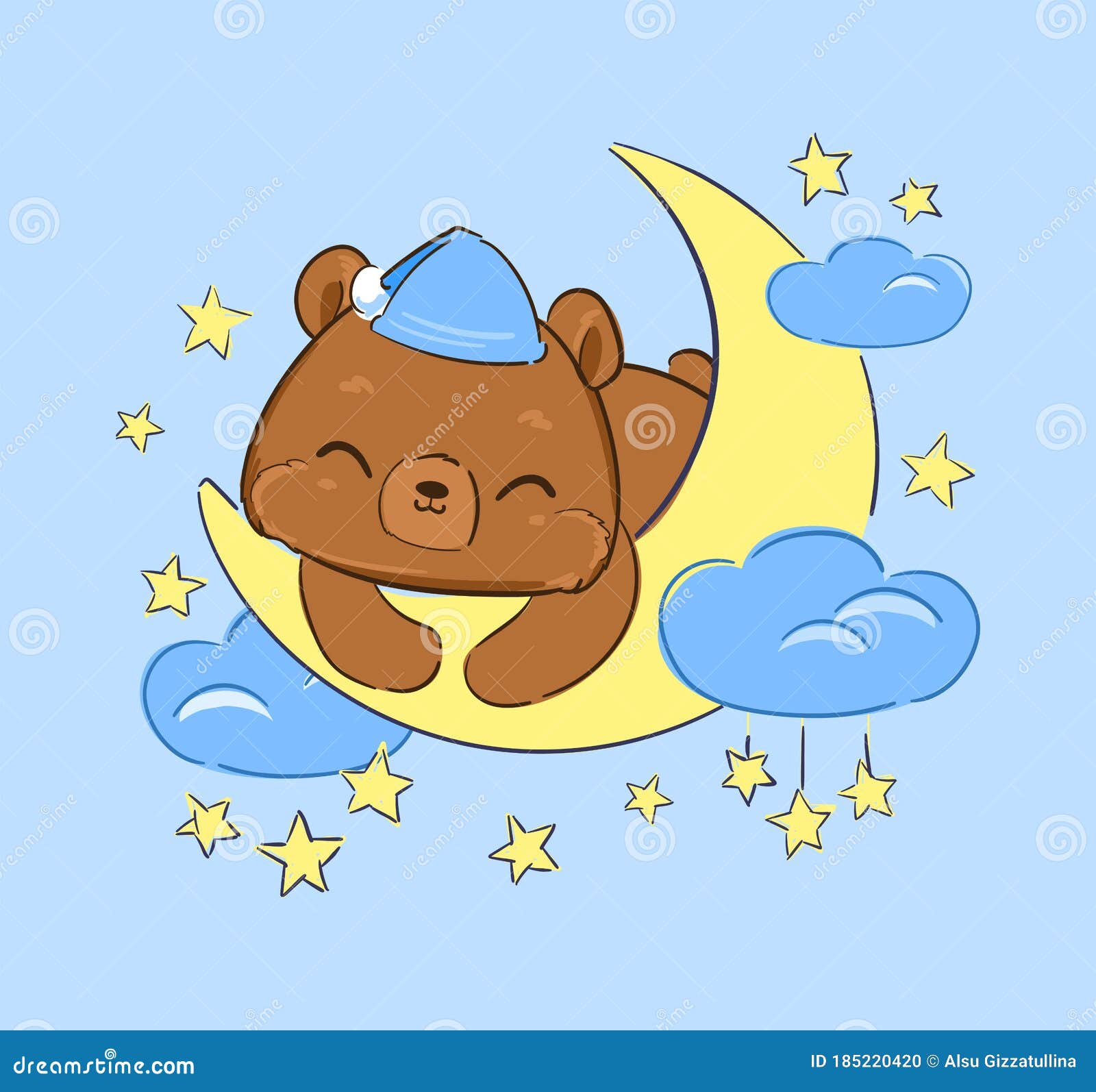 Cute Teddy Bear Sleeps On The Moon Vector Illustration Print For