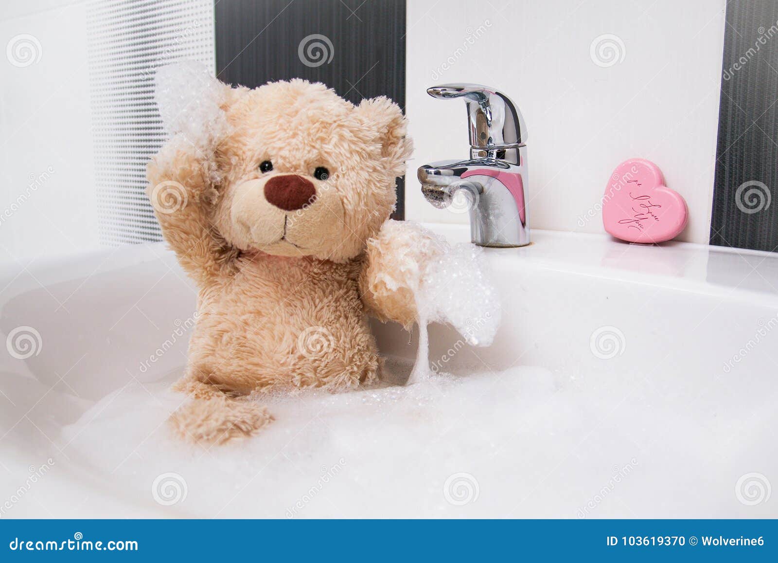 Cute Teddy Bear Washing in the Basin Stock Photo Image of heart