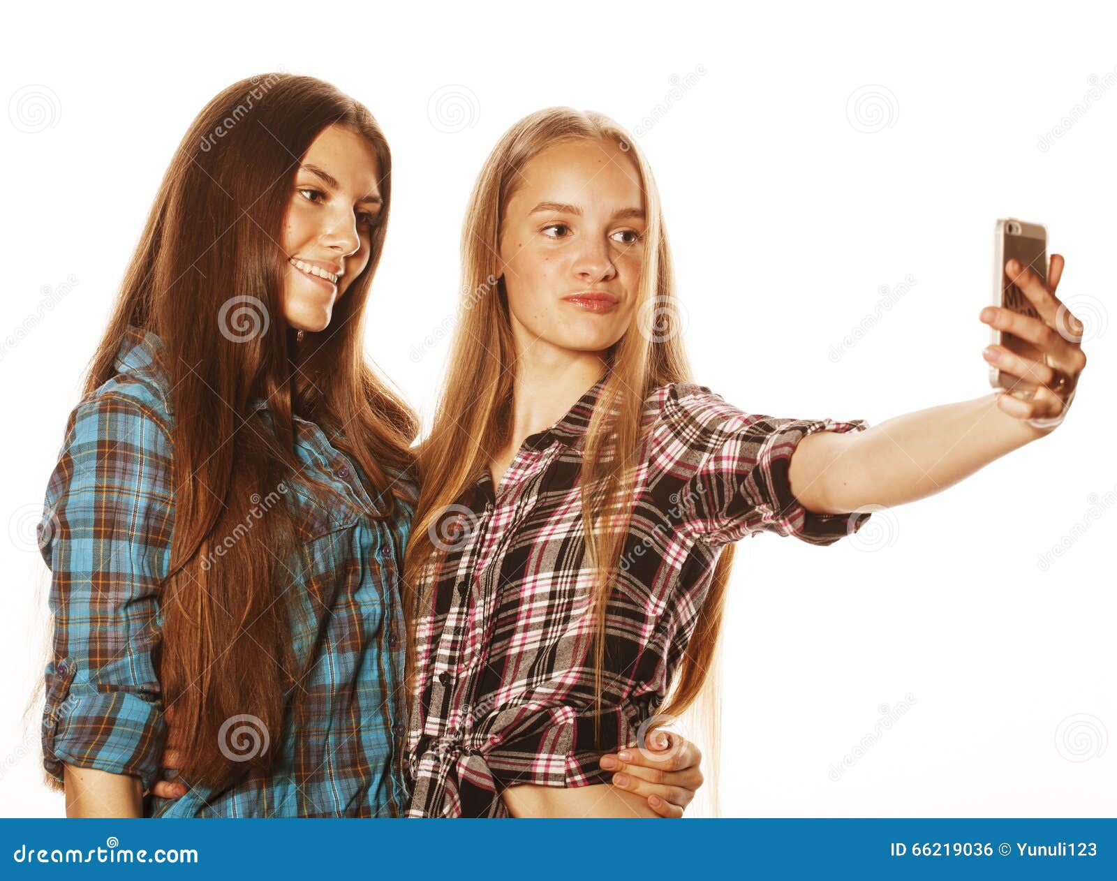 Cute Teenage Girls Making Selfie Isolated Stock Photo - Image of cell ...