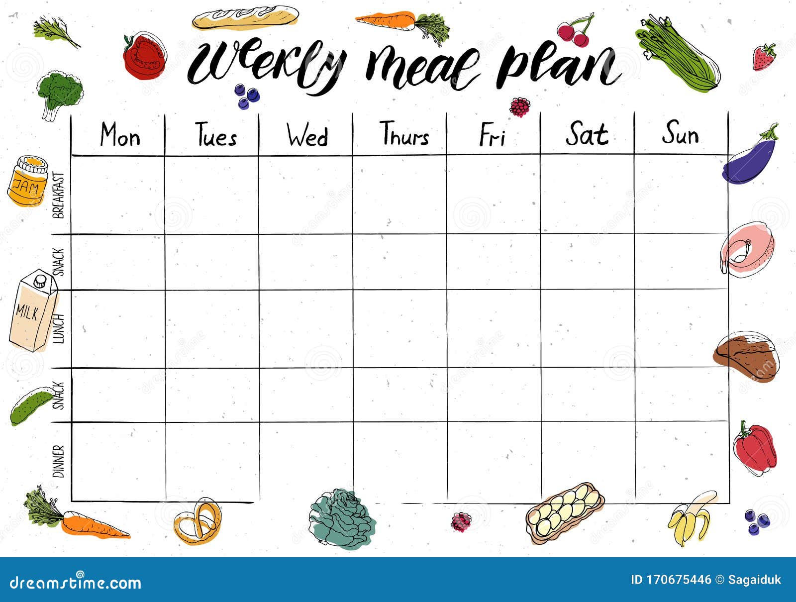 Cute A4 Template for Weekly and daily Meal Planner with Lettering