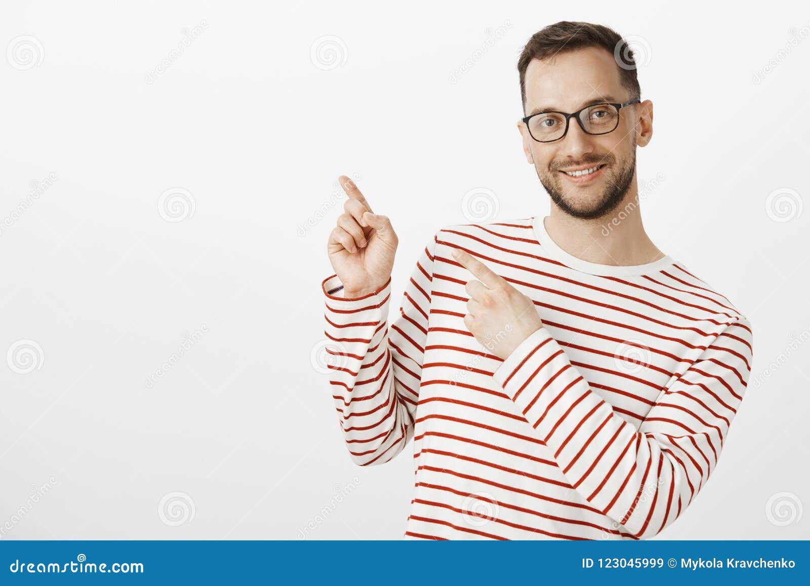 Cute Tender Adult Male Gay Model In Glasses Pointing At