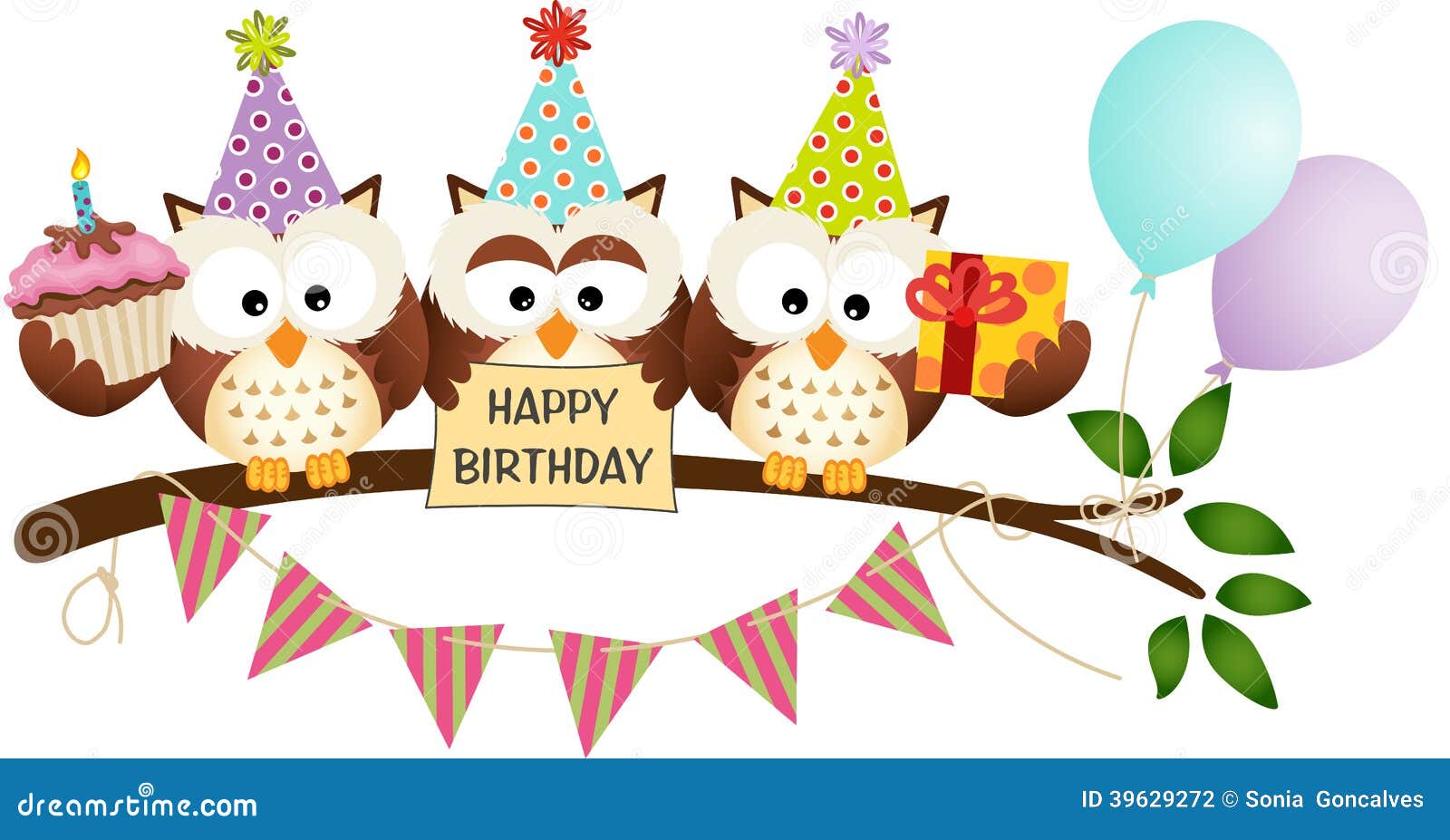 Cute Three Owls Happy Birthday Stock Vector - Illustration of ...