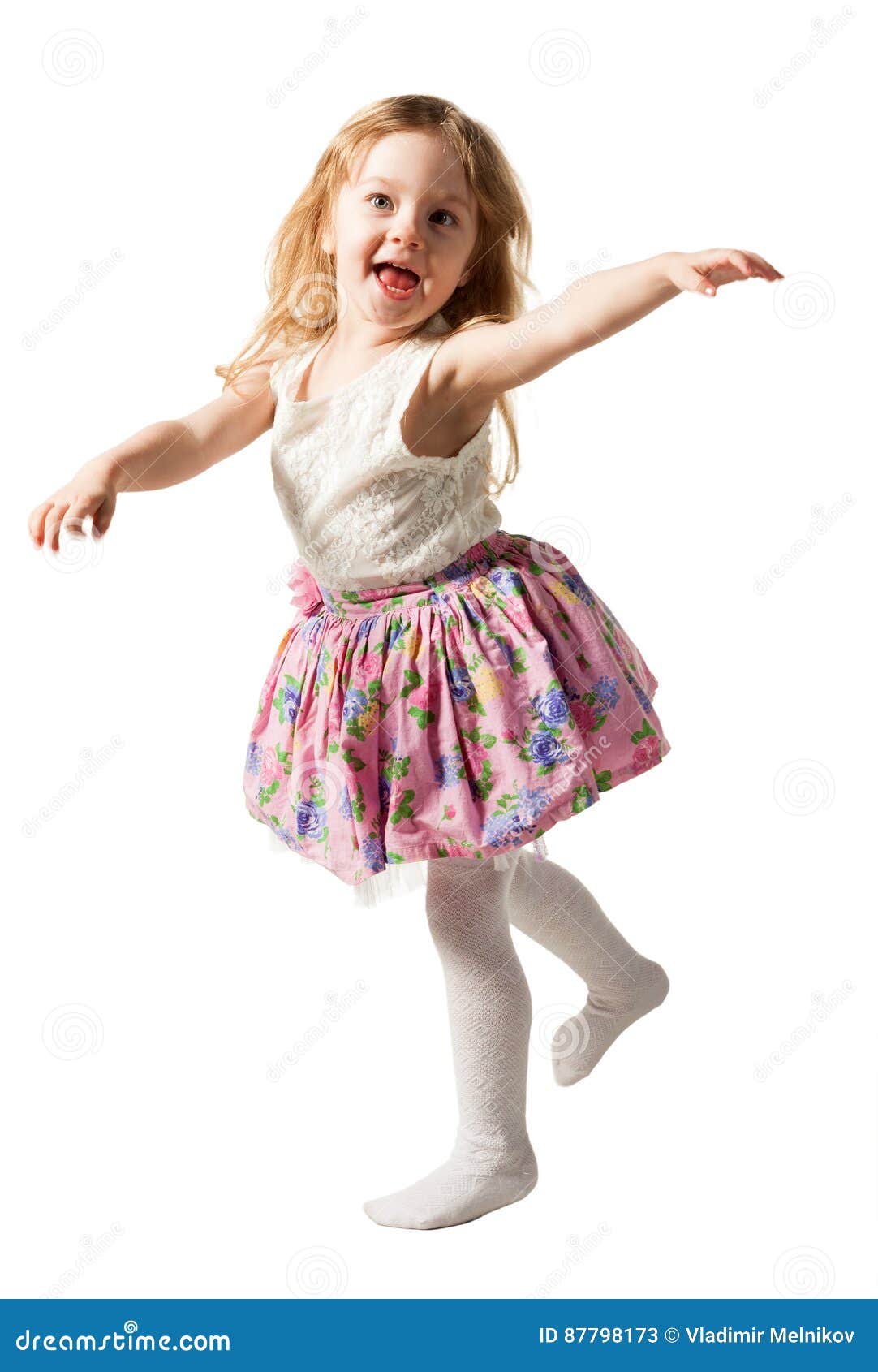 Cute Three-year Girl Jumping with Joy Isolated on White Background ...