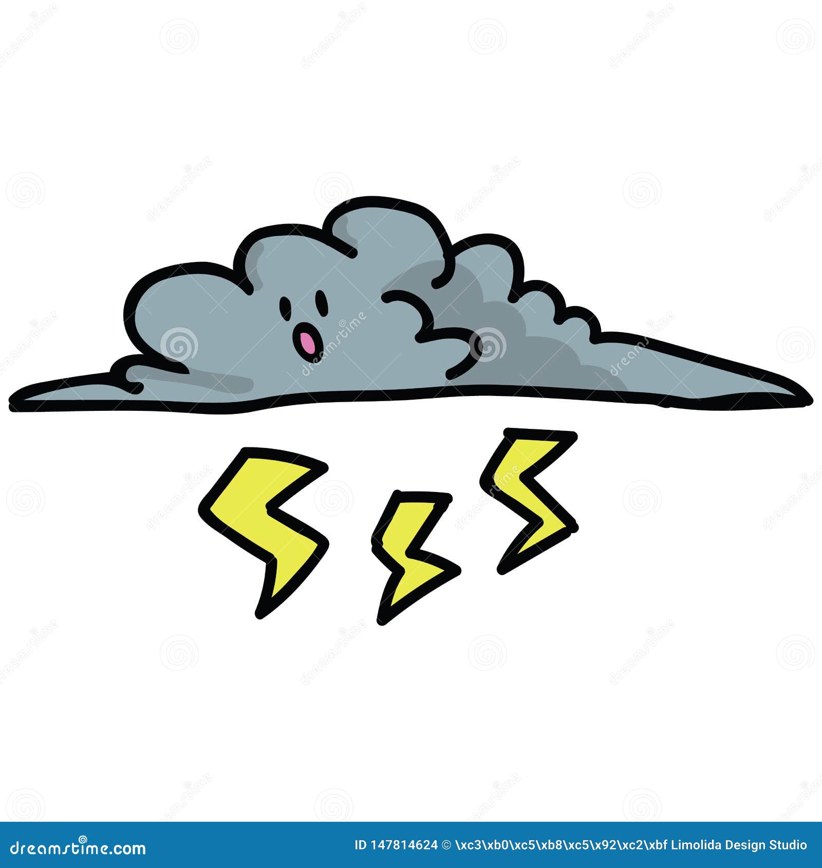 Cute Thunder Cloud with Kawaii Face Cartoon Vector Illustration Motif ...