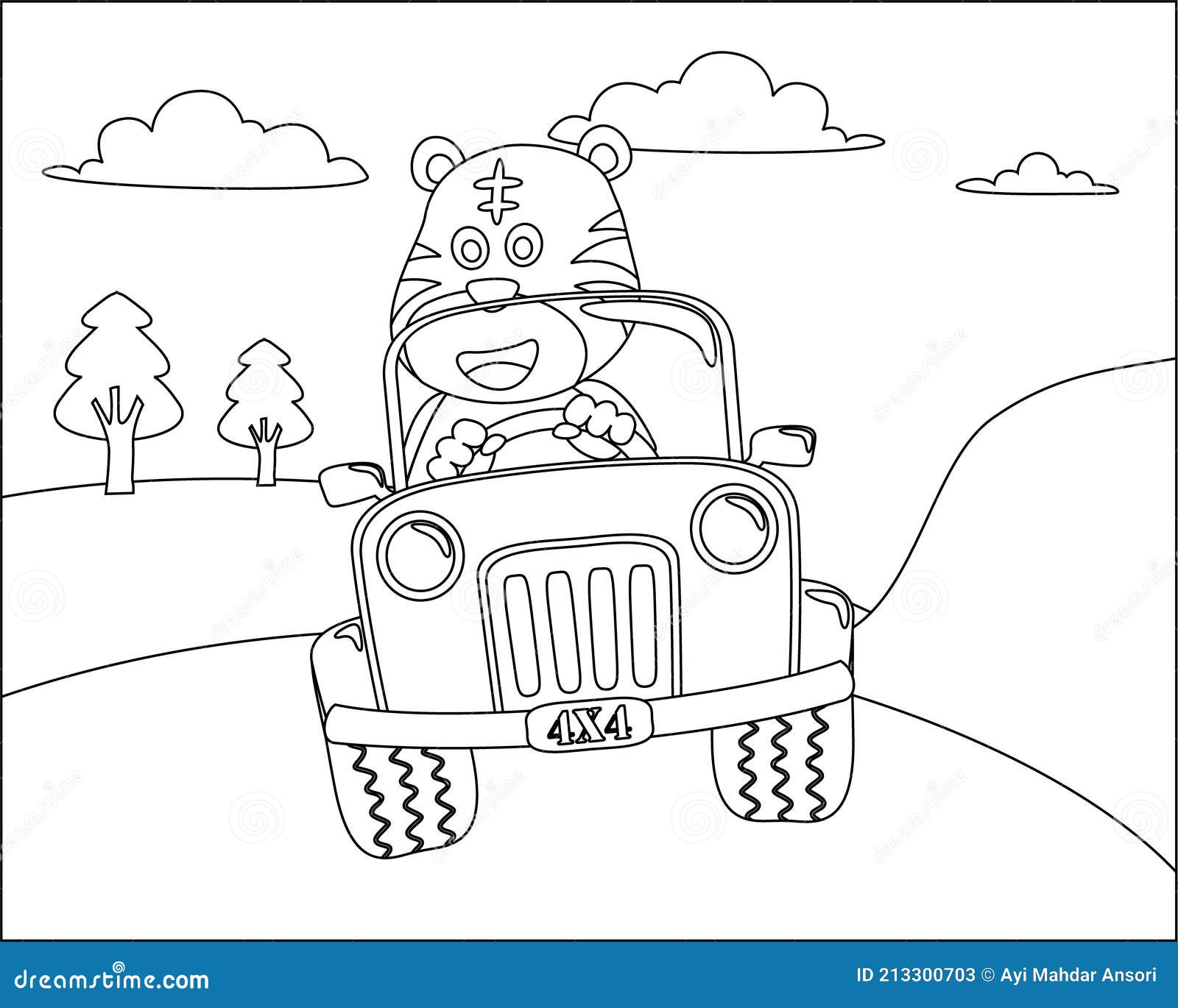 cute tiger cartoon having fun driving a off road car in mountain on sunny day. cartoon   , creative