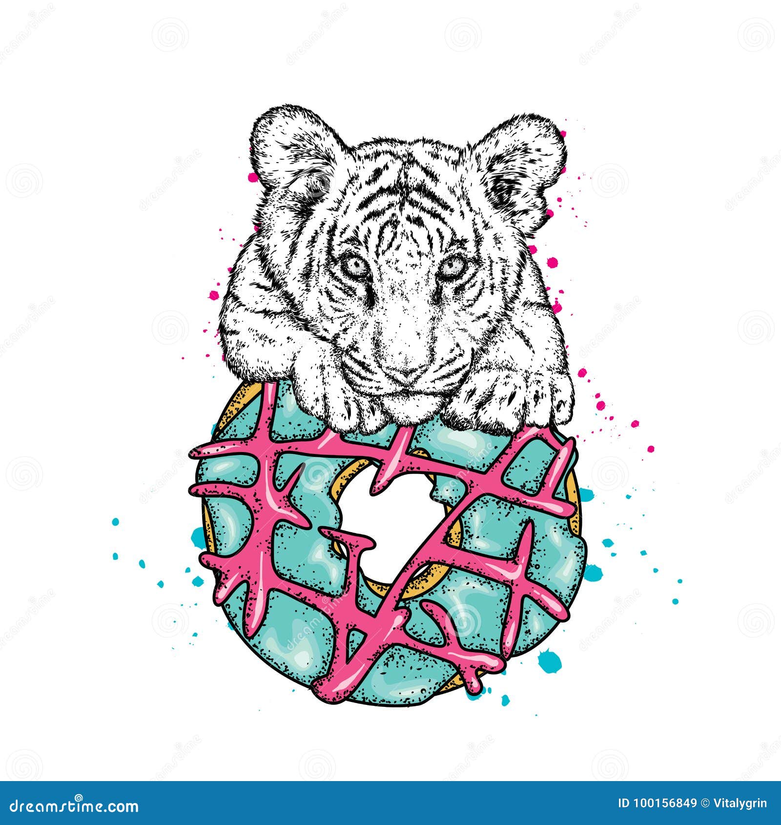 Cute Tiger Cub And A Large Multi Colored Donut Stock Vector Illustration Of Object Donut