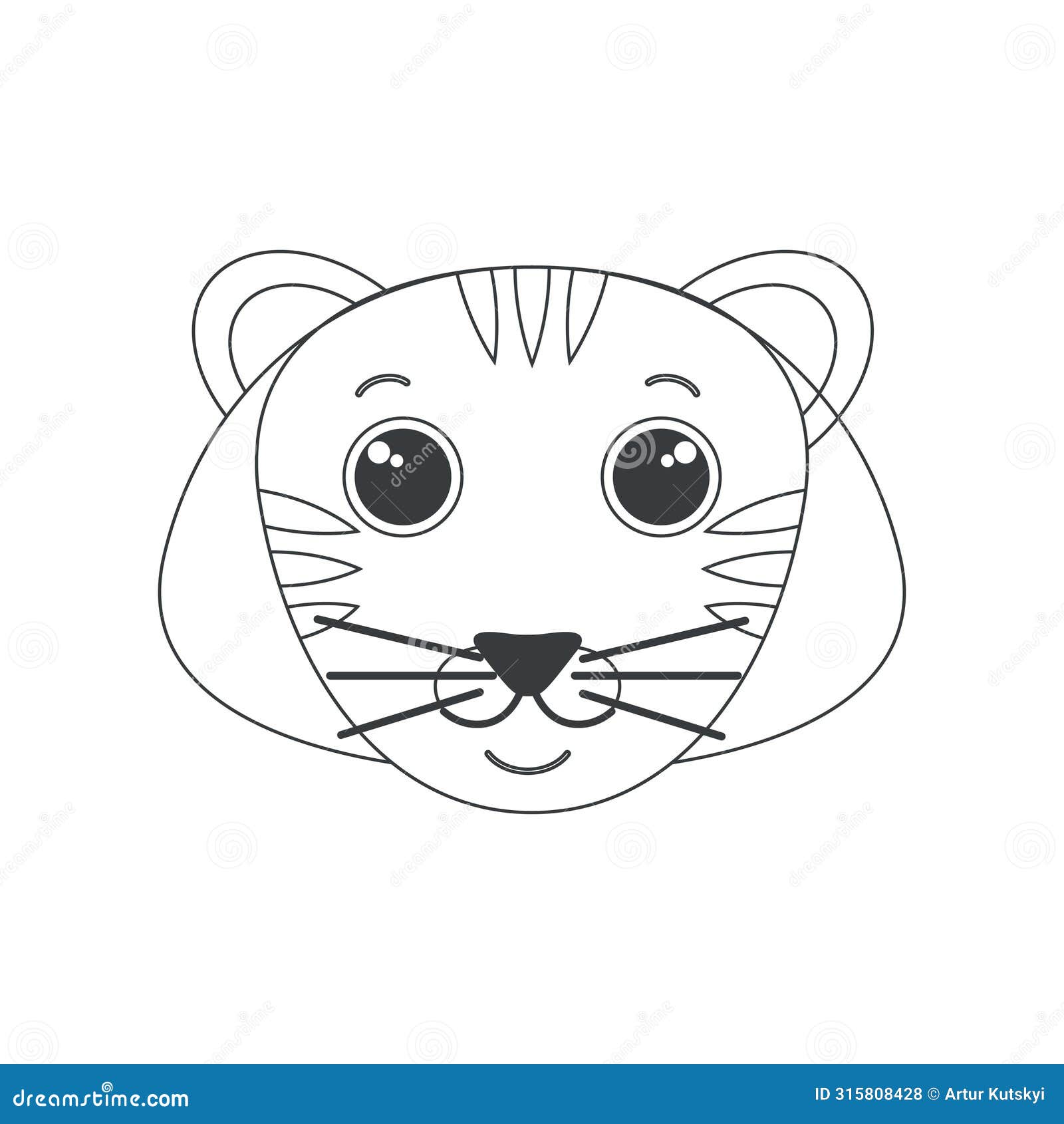 cute tiger face, simple contour animals head, wild carnivore cat
