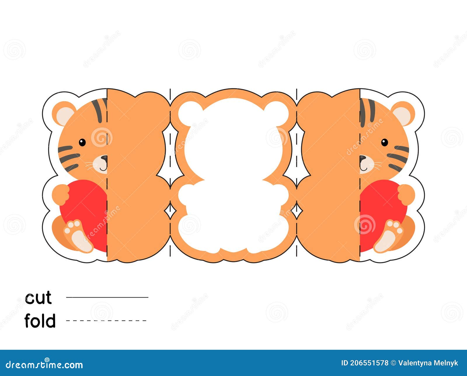 Cute Tiger Hold Heart. Fold Long Greeting Card Template. Great for Within Fold Out Card Template