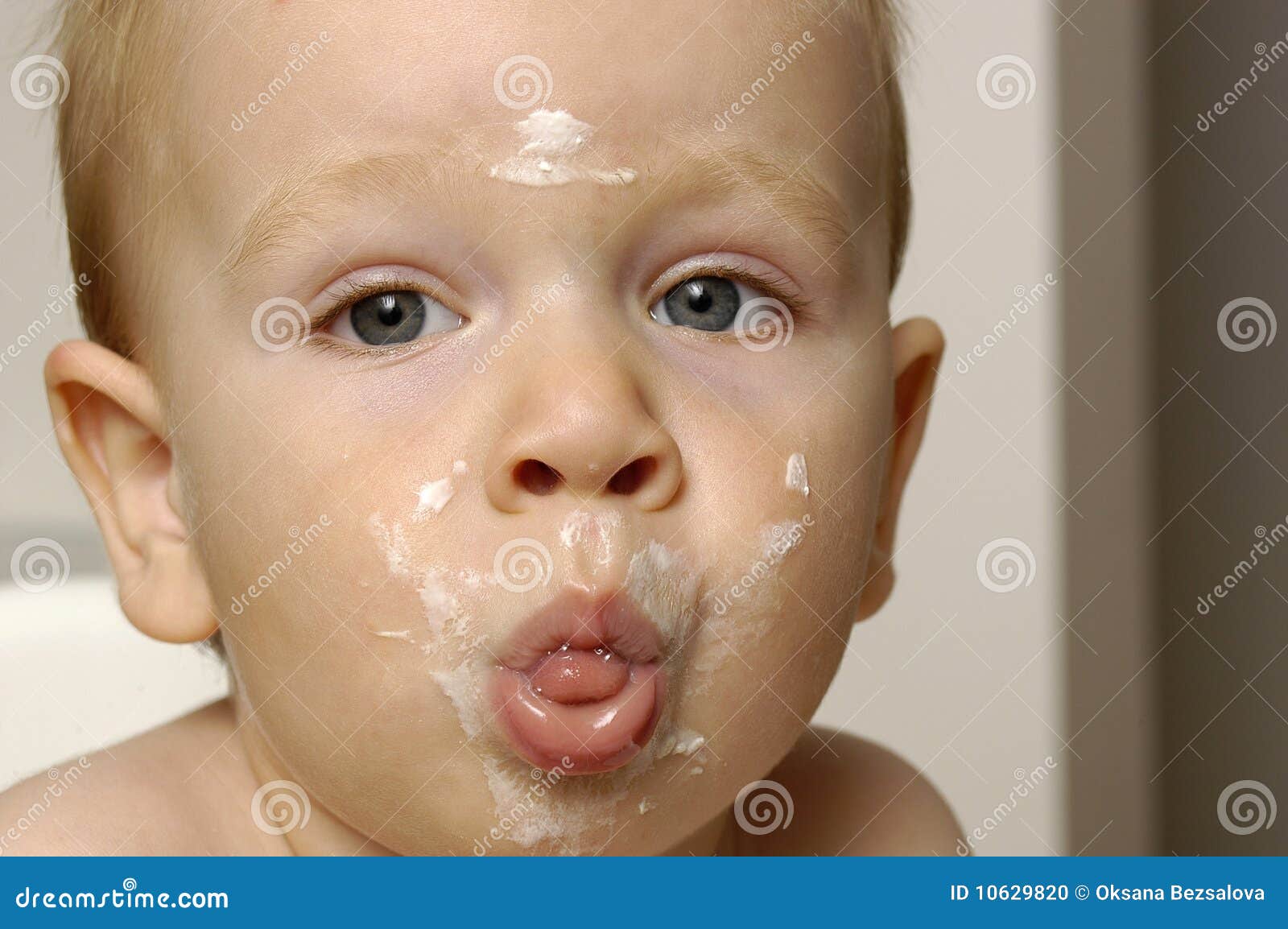 Cute Toddler Boy Dirty with Yogurt Stock Photo Image of childhood