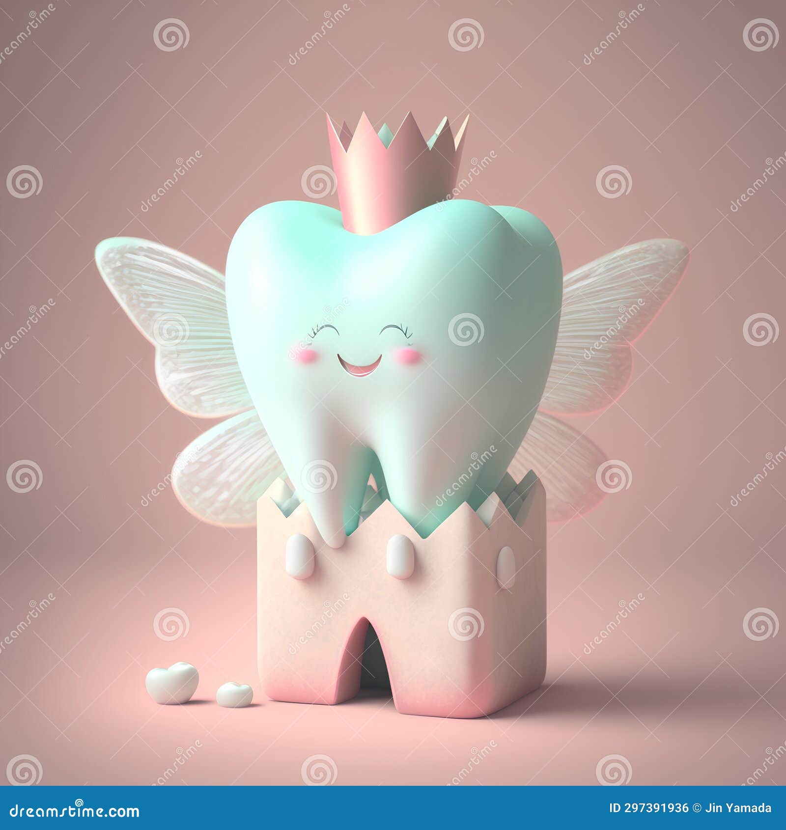 Cute Tooth with a Crown and Wings. 3d Rendering Stock Illustration