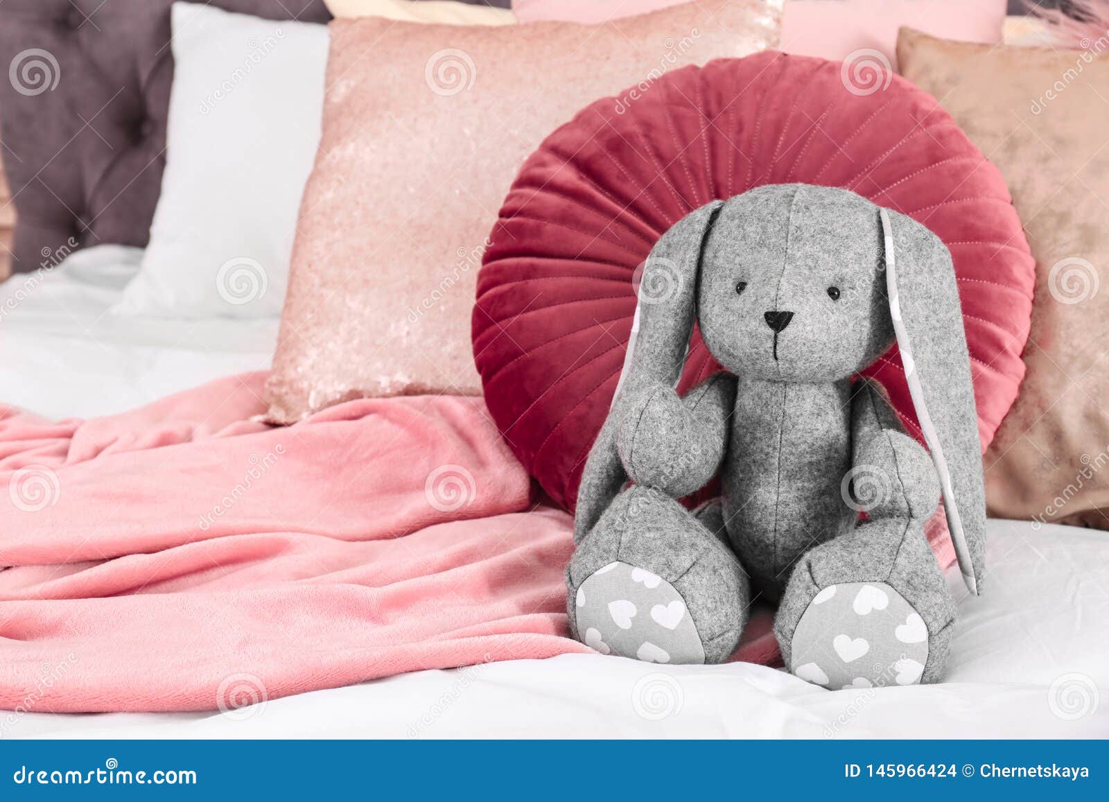 Cute Toy Rabbit on Bed in Child`s Room Interior Stock Photo Image of