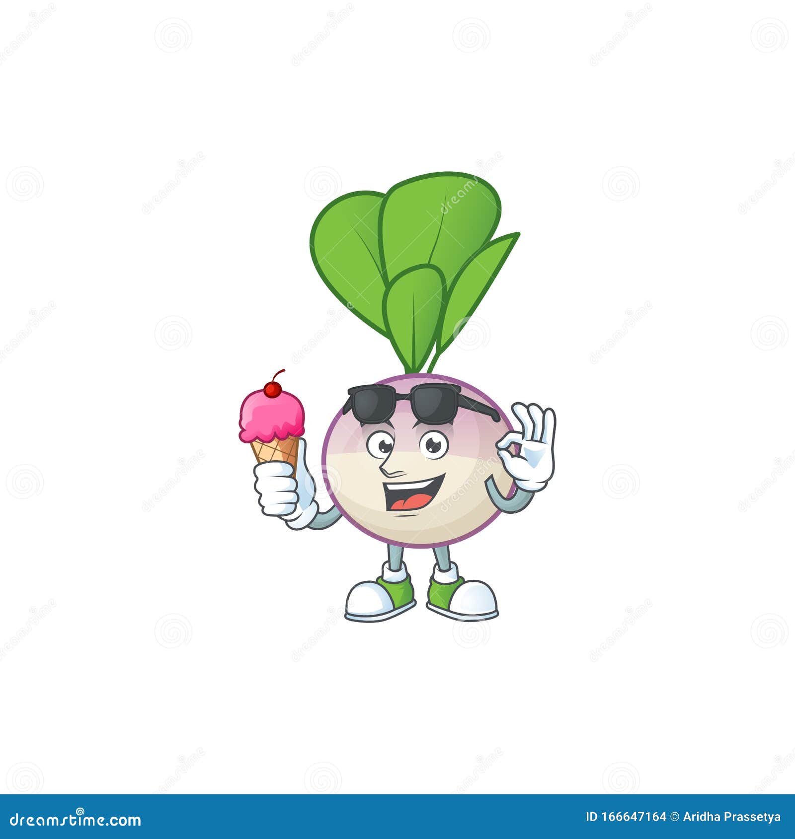 Cute Turnip Cartoon Character with Ice Cream Stock Vector