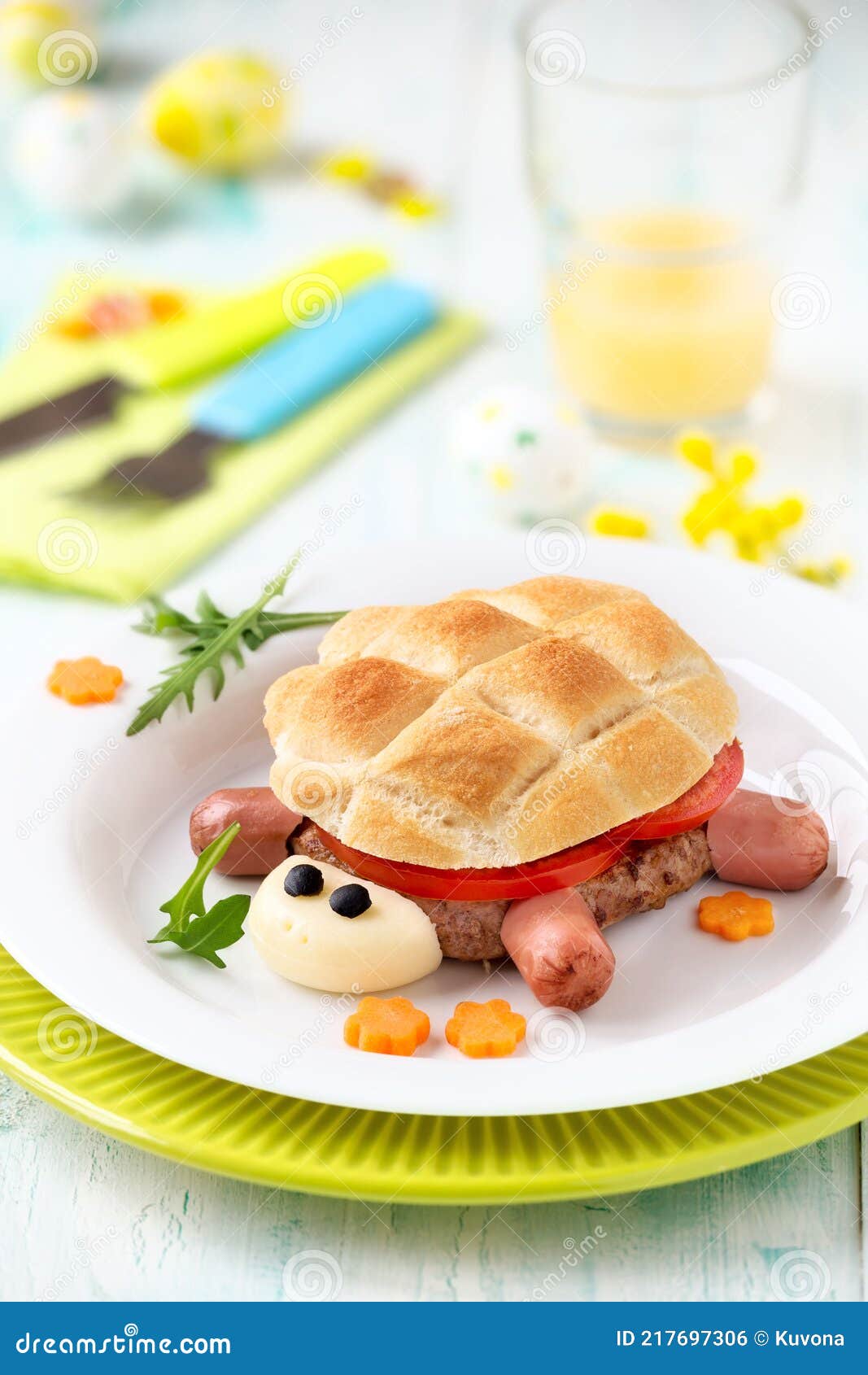 cute turtle  hamburger with a meat burger, cheese and sausages for kids