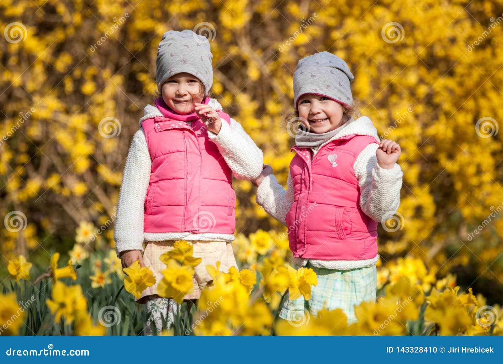 Cute Twin Sisters, Embrace On A Background Field With ...