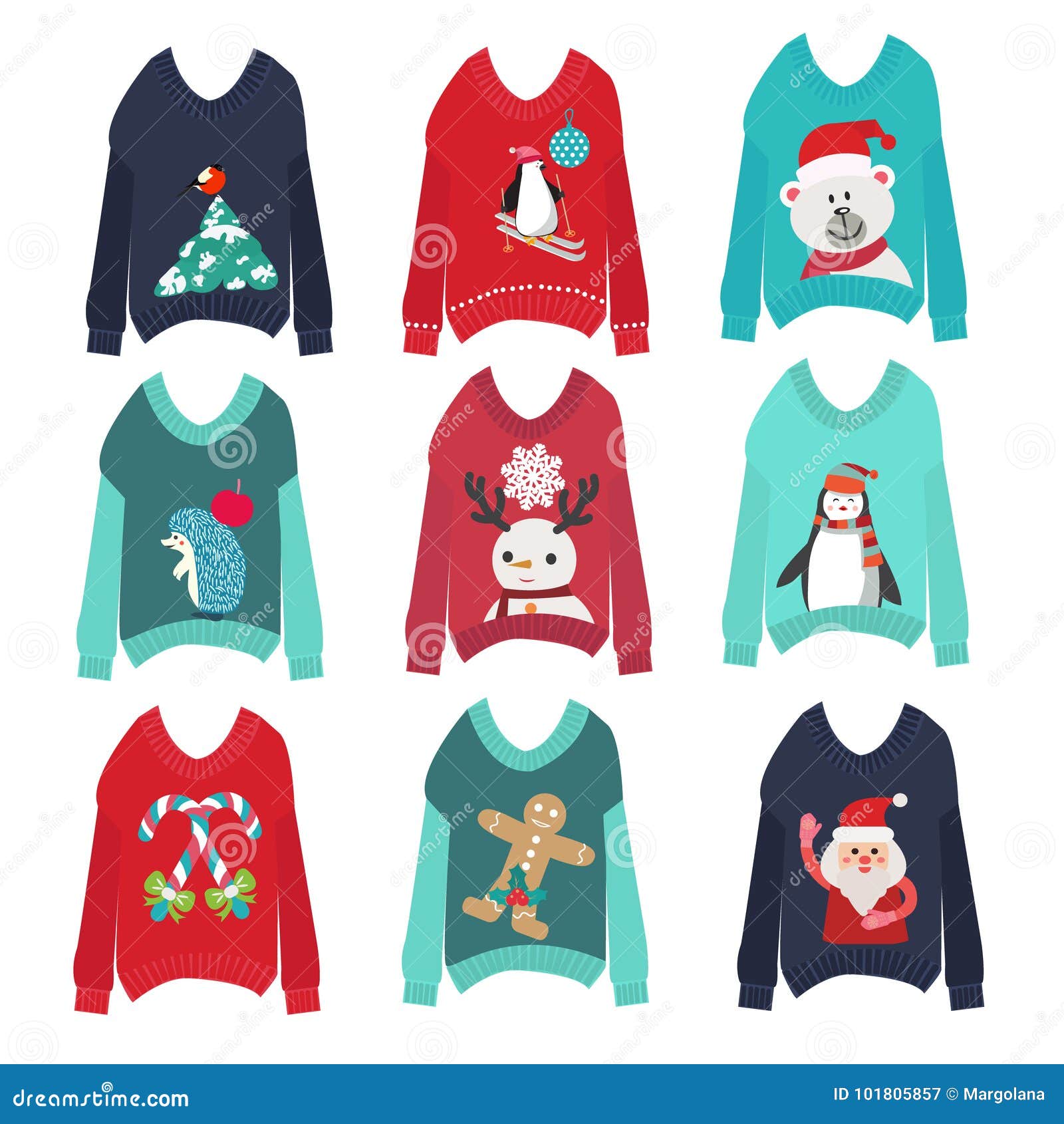 Cute Ugly Christmas Sweaters Set Sweater Party Collection Stock Vector