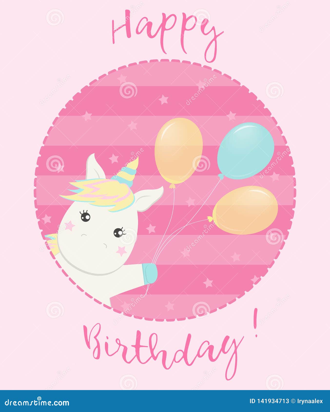 Cute Unicorn with Balloons in Round Pink Frame. Greeting Card Stock ...